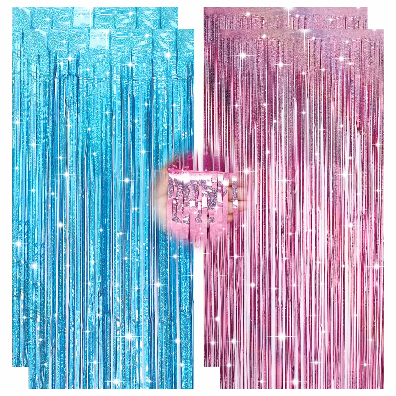 Rideaux de fête à paillettes rose et bleu serpentins métalliques 1 m x 2 m lot de 4