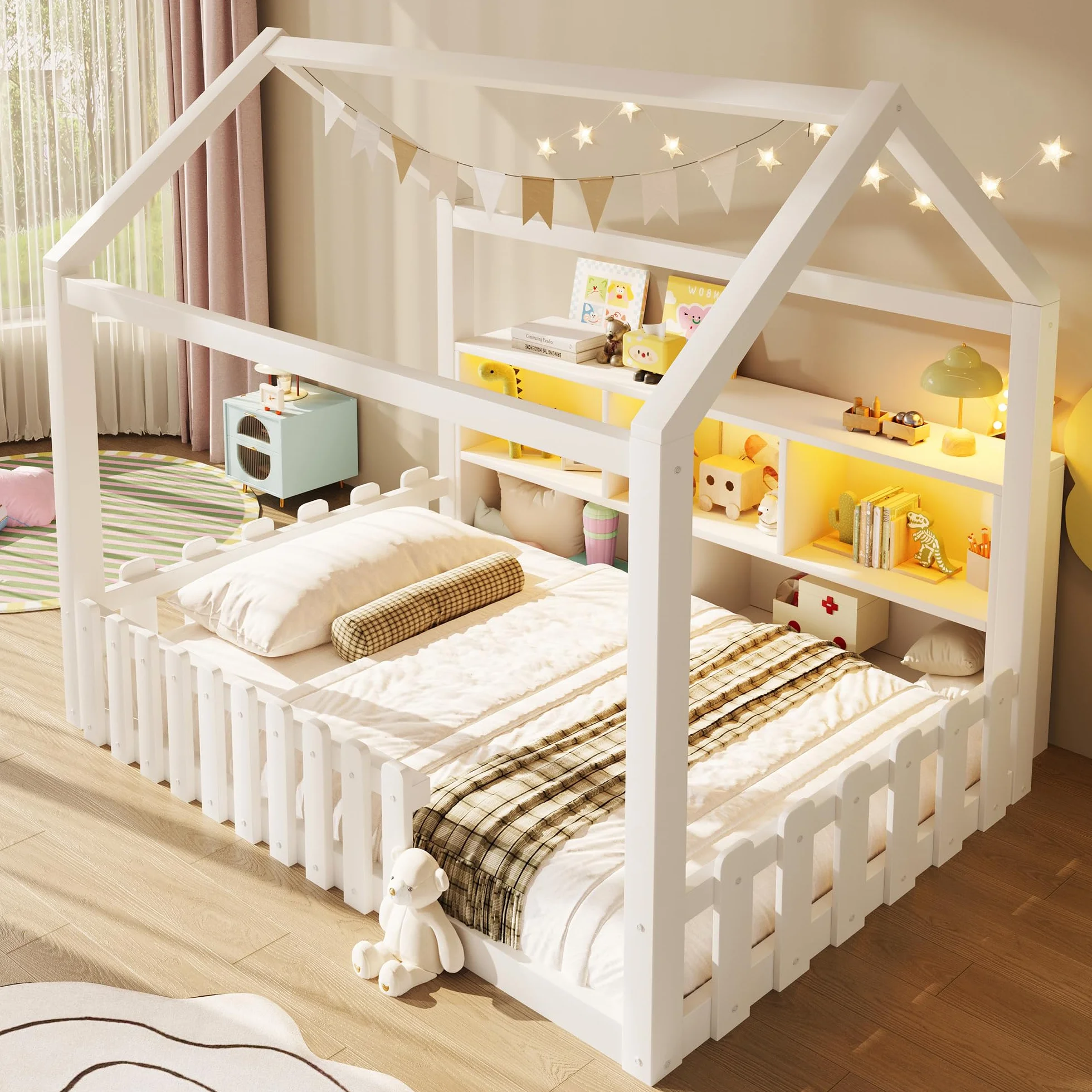 Sapgaks Lit Enfant avec éclairage LED,barrière de sécurité,Compartiments de Rangement Ouverts,lit cabane Enfants 90x 190 en pin,Cadre de lit 90 x 190 avec sommier à Lattes (Blanc 90x190)