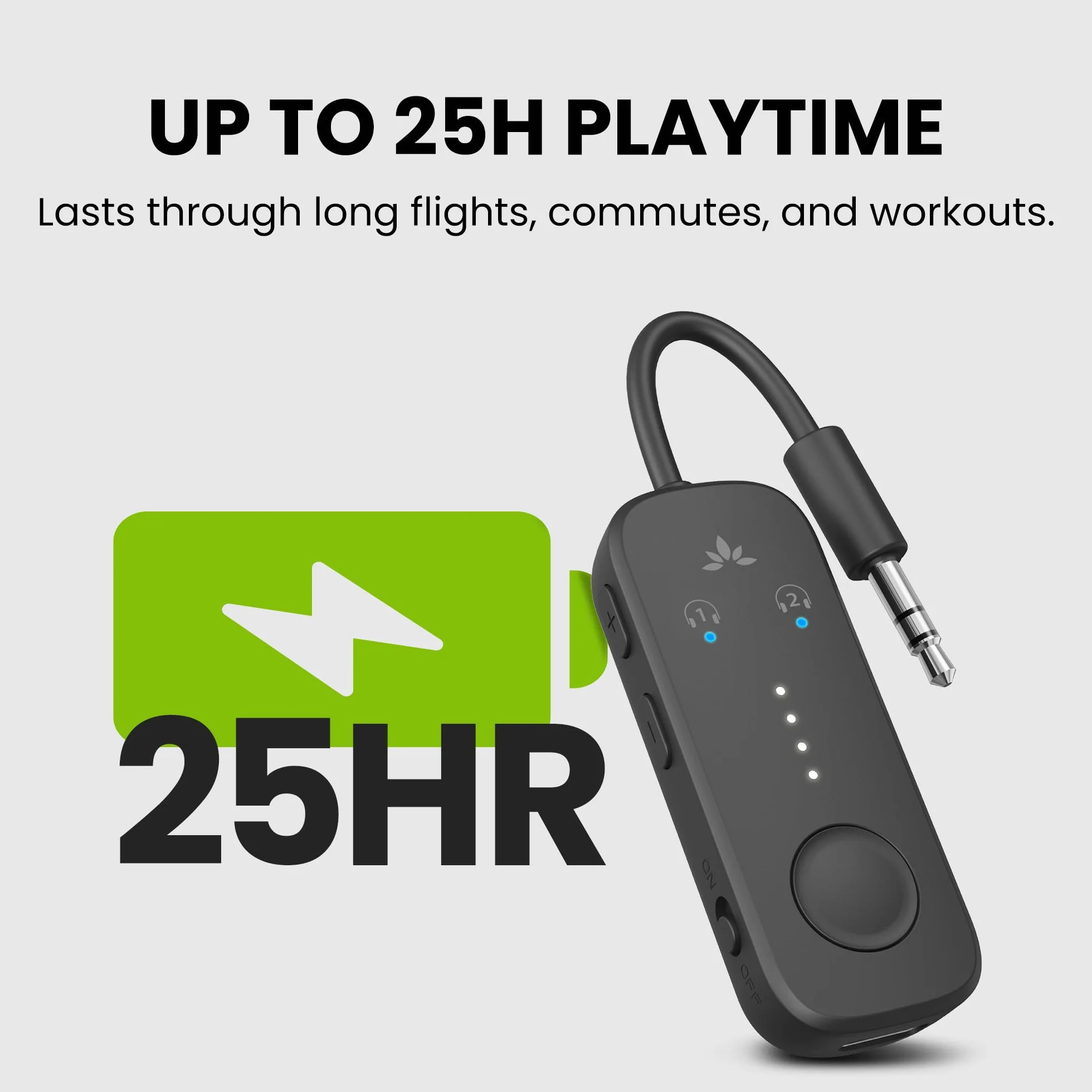 Avantree Relay – adapter Bluetooth do samolotu z chipsetem Qualcomm, obsługa 2 słuchawek, 25 h pracy, aptX Adaptive i HD audio, nadajnik dla AirPods, Bose i podróży lotniczych