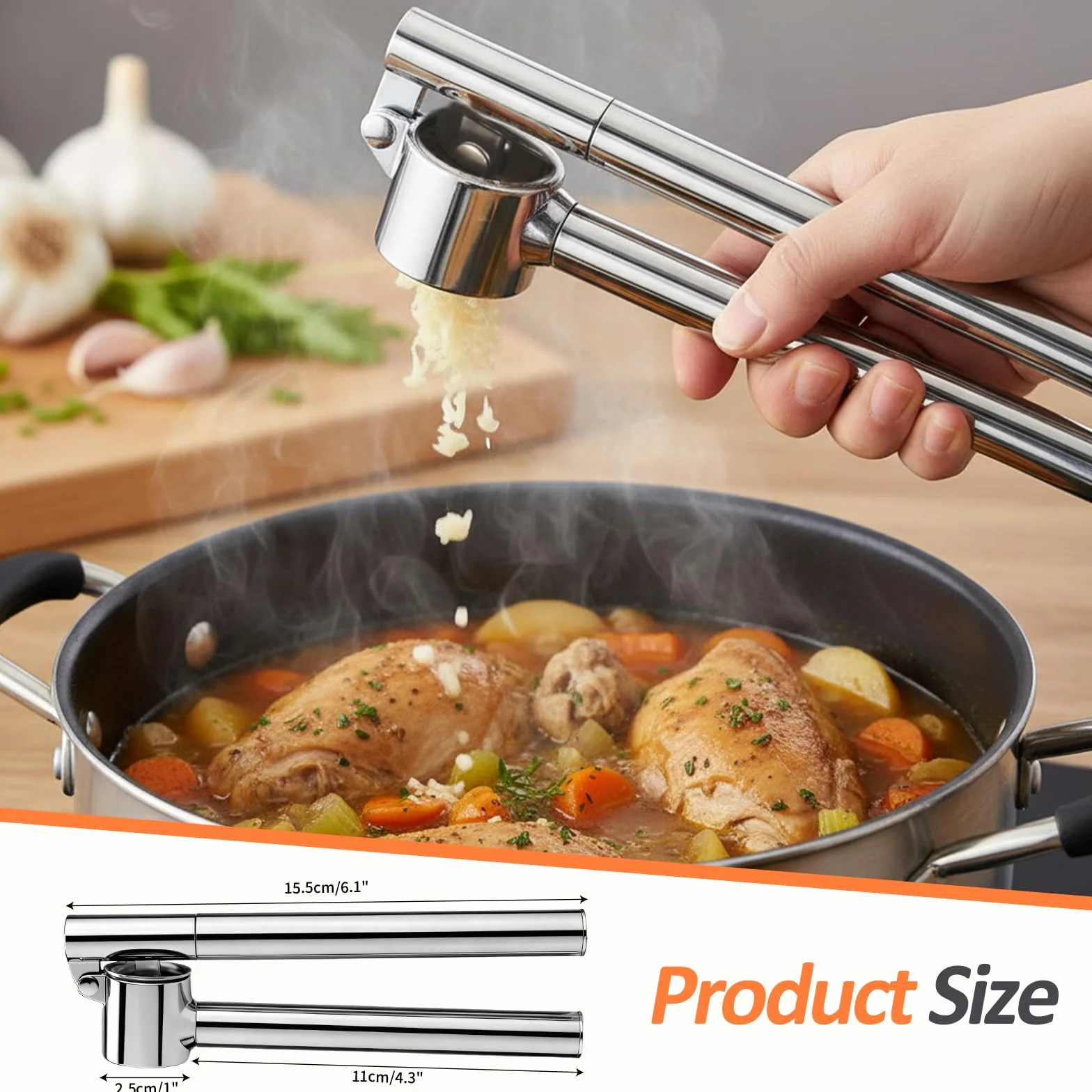 VINATO Presse Ail Inoxydable, Ustensiles de Cuisine Inox avec Eplucheur et Brosse