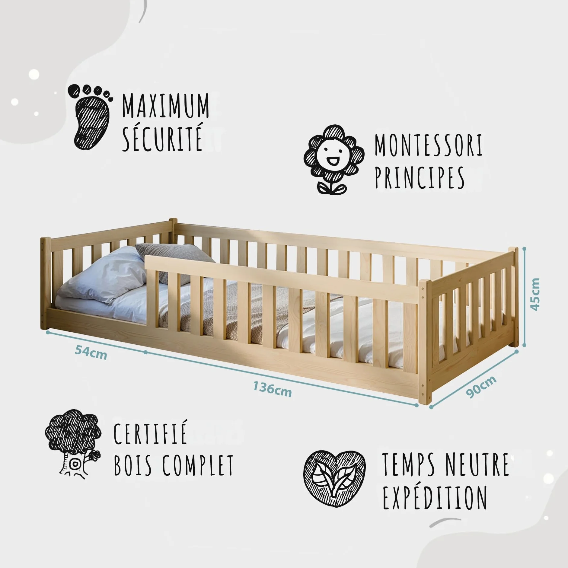 Lit d'Enfant Montessori 90x190 cm avec Protection Contre les Chutes & Sommier à Lattes - Lit à Barreaux pour Enfants et Adolescents