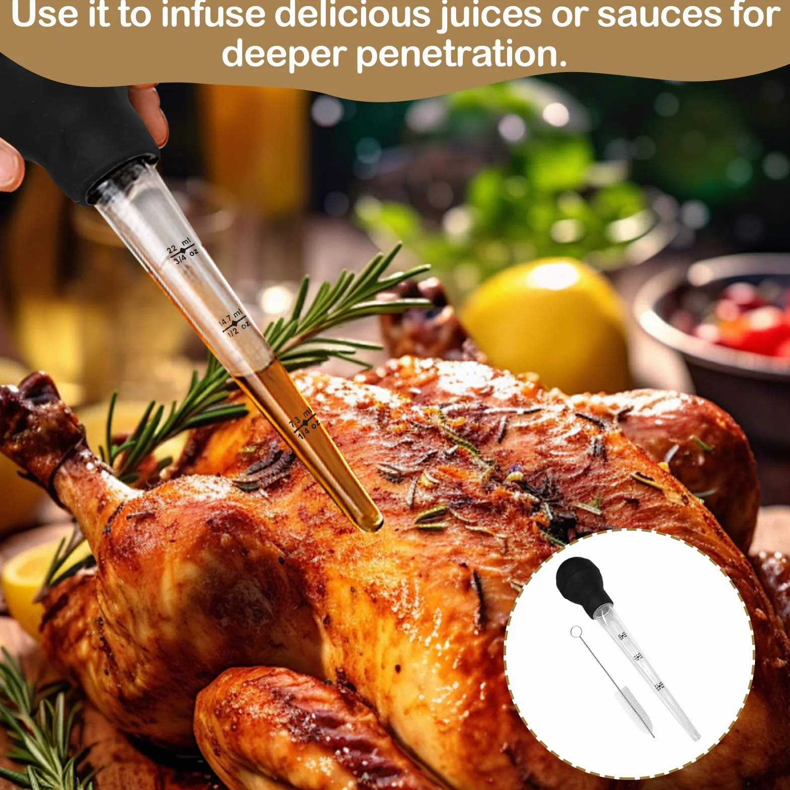 Poire à Jus Cuisine avec Brosse de Nettoyage, Seringue à Sauce pour Barbecue
