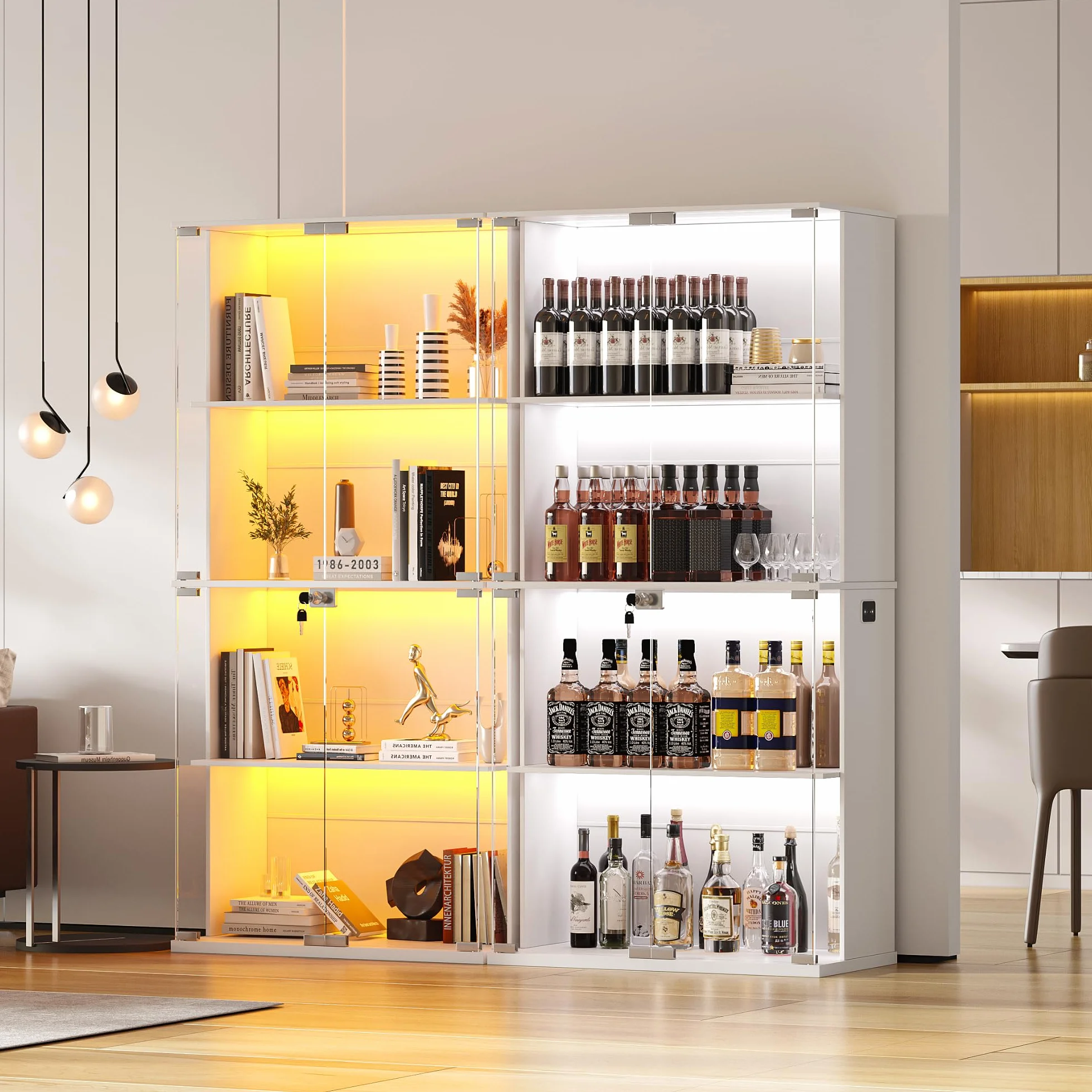 Lvifur Vitrine avec éclairage LED et Portes vitrées pour Objets de Collection et vin, 35 × 70 × 168 cm, vitrine 4 Niveaux avec capteurs intelligents pour Salon et Chambre, Blanche