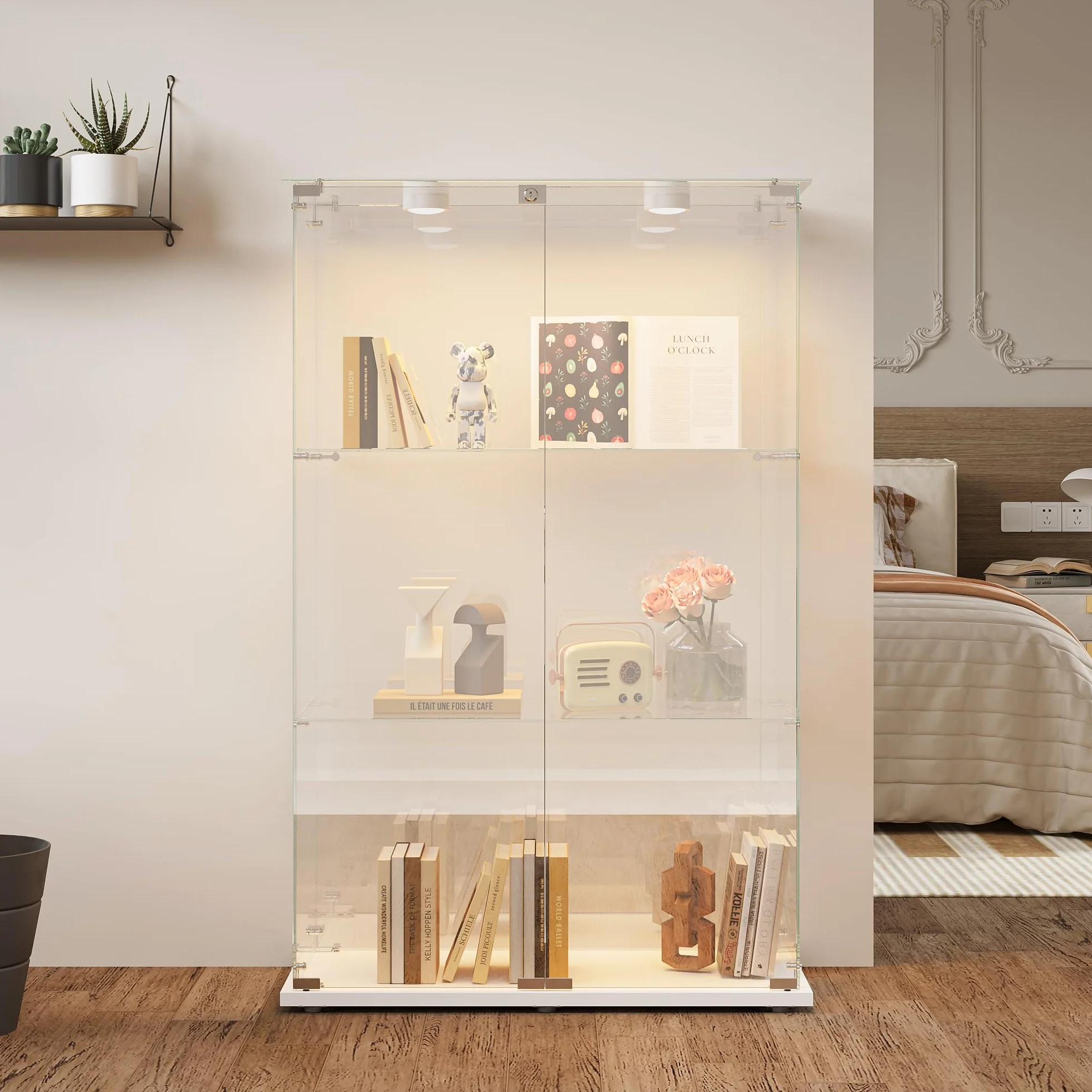 MEXUS Vitrine en Verre avec LED, avec 2 Portes et Serrure de sécurité, Conception à 3 Couches, étanche à la poussière et Facile à Nettoyer, adaptée au Salon, à la Chambre, au Bureau (Blanc)