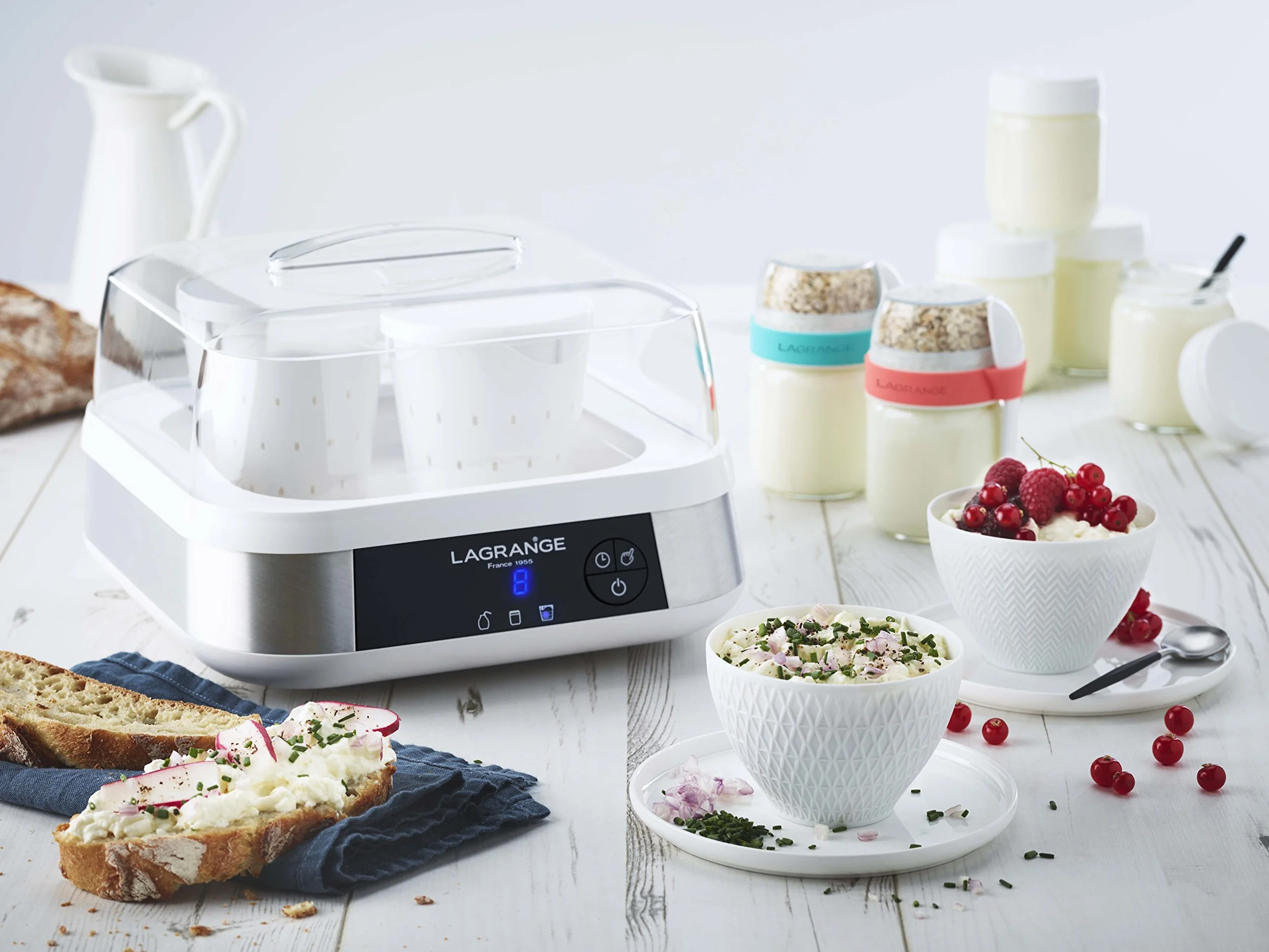 LAGRANGE, Yaourtière-Fromagère ligne, 1,5 L, fabrication française, 9 pots en verre, 4 pots à faisselle, programmable, arrêt automatique, signal sonore, 18 W, 459602