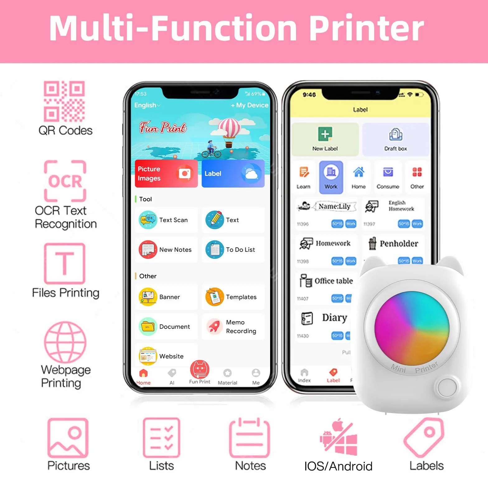 Mini Imprimante Photo Portable, Imprimante Thermique Instantanée sans Fil Bluetooth avec 14 Rouleaux de Papier pour iOS & Android