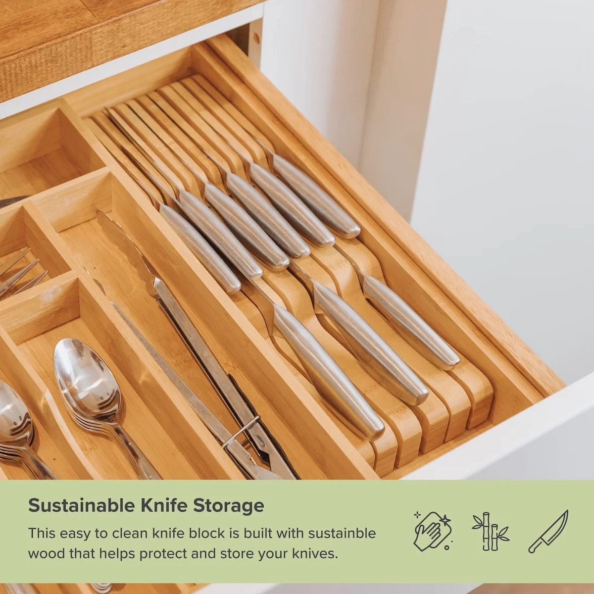 KitchenEdge Porte-Couteaux de Cuisine en Bambou Peut Contenir 5 Couteaux Longs + 6 Courts (Non Inclus) S’adapte à la Plupart des Tailles de Couteaux, Pieds en Caoutchouc, Bambou, Design Dans le Tiroir