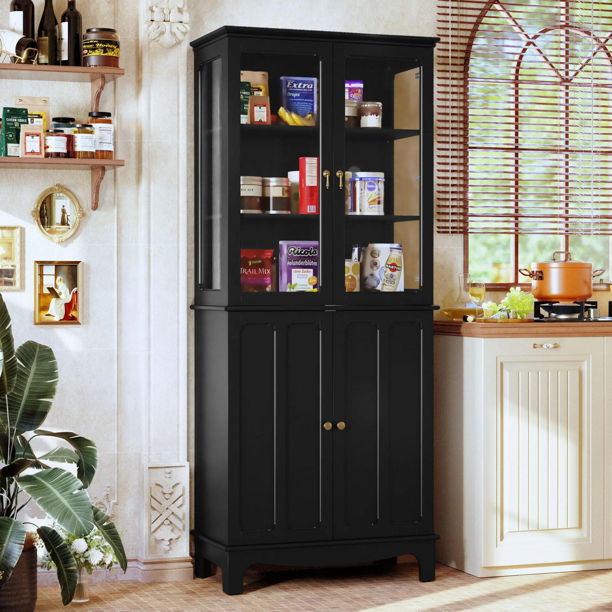HOLTICO Armoire de Cuisine indépendante avec Porte en Verre, Armoire de Cuisine en Verre vitrines Armoire Haute avec Porte en Verre et étagères réglables pour Cuisine, 40P x 76L x 183H cm,Noir