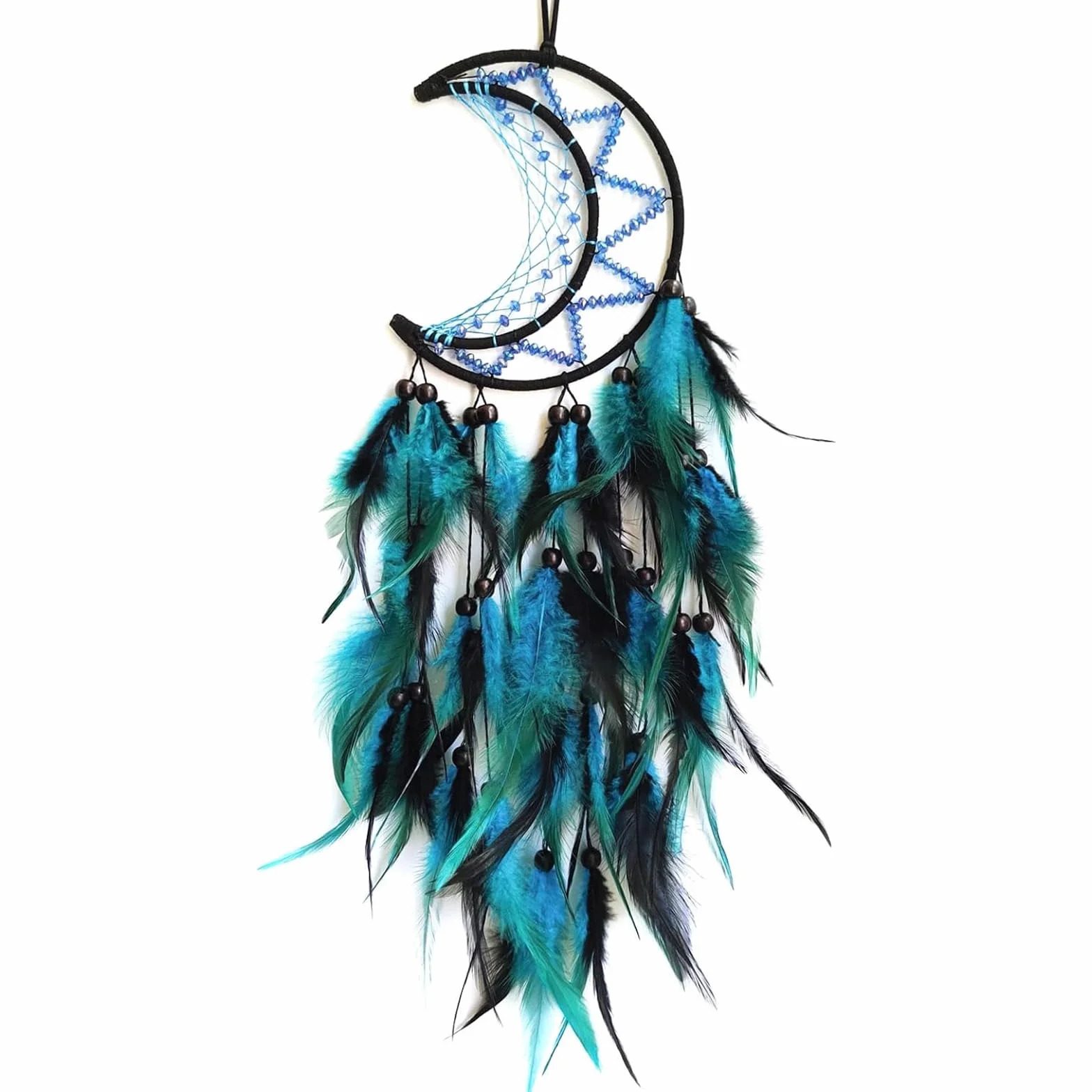 Attrape-rêves en Forme de Lune Bleue, Décoration Murale Indienne Handmade, Cadeau Festival