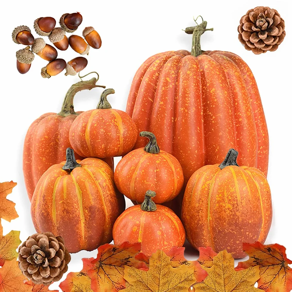 Ensemble de décoration d'automne citrouille artificielle grande taille feuilles d'érable pommes de pin glands