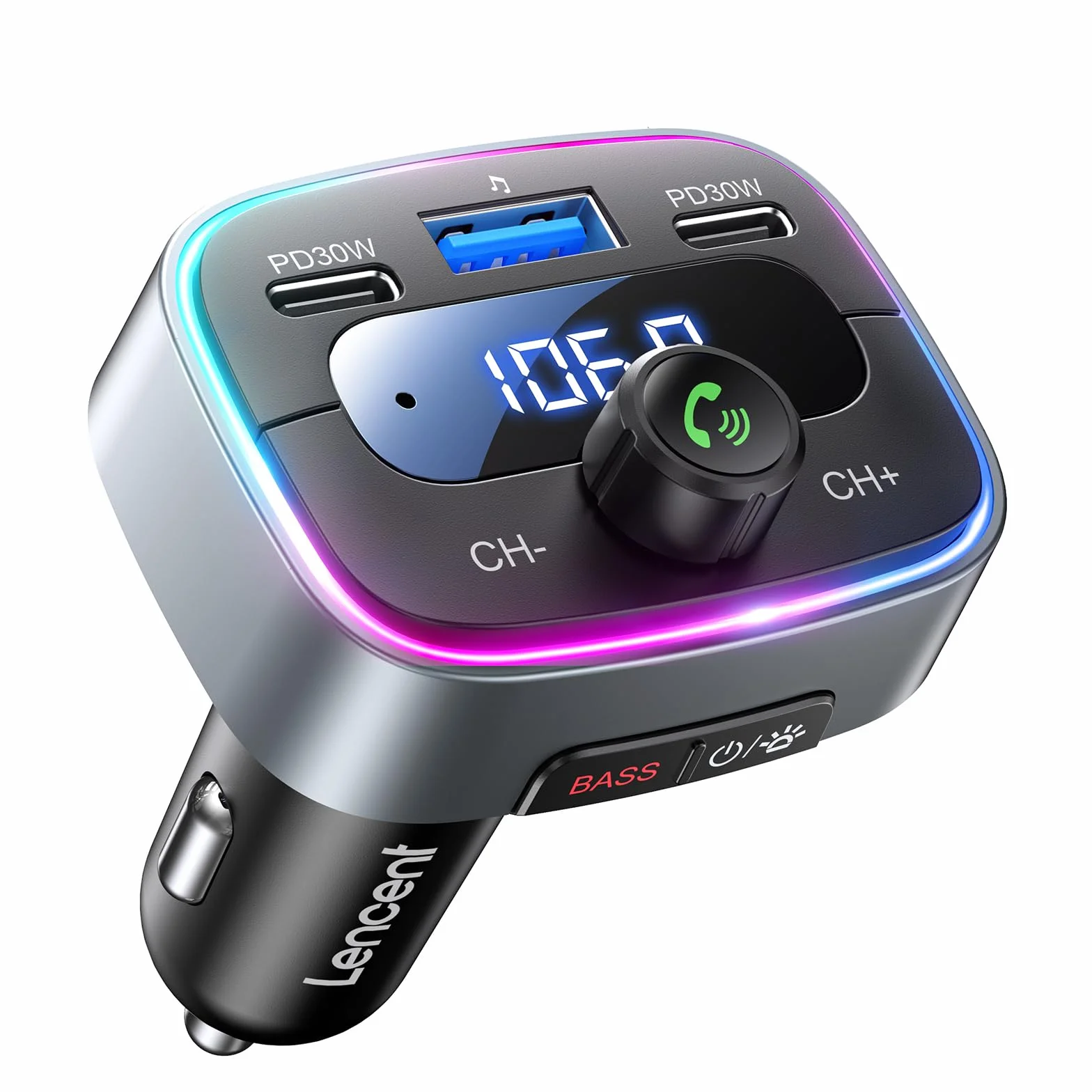 LENCENT Nadajnik FM Bluetooth 5,4, 60 W Szybkie Ładowanie z 2 USB-C (PD 30 W), darmowe rozmowy, muzyka samochodowa, głęboki bas Hi-Fi z 7 kolorami LED i pamięcią USB