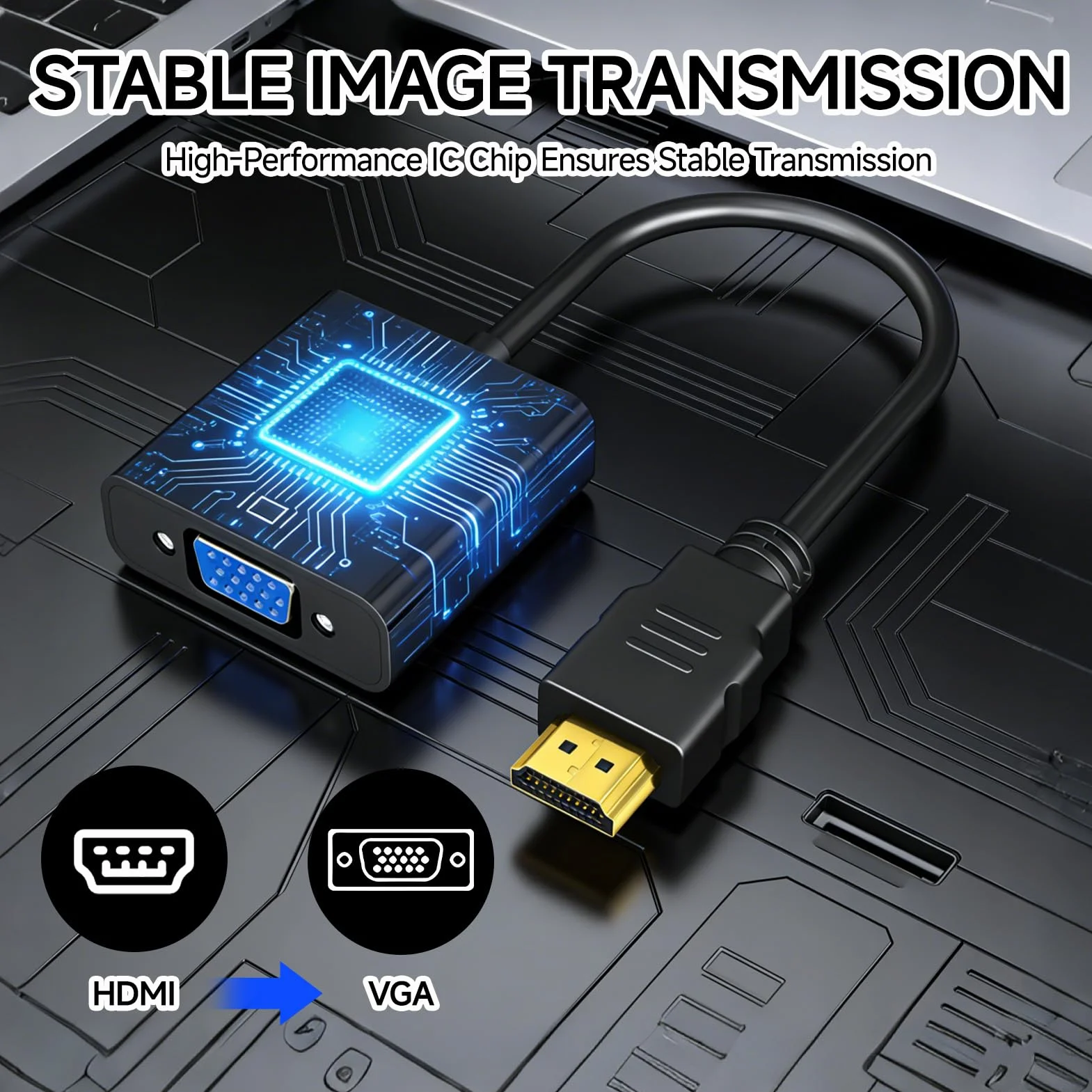 Solisara Adaptateur HDMI vers VGA avec Audio et Alimentation, Convertisseur HDMI VGA 1080P