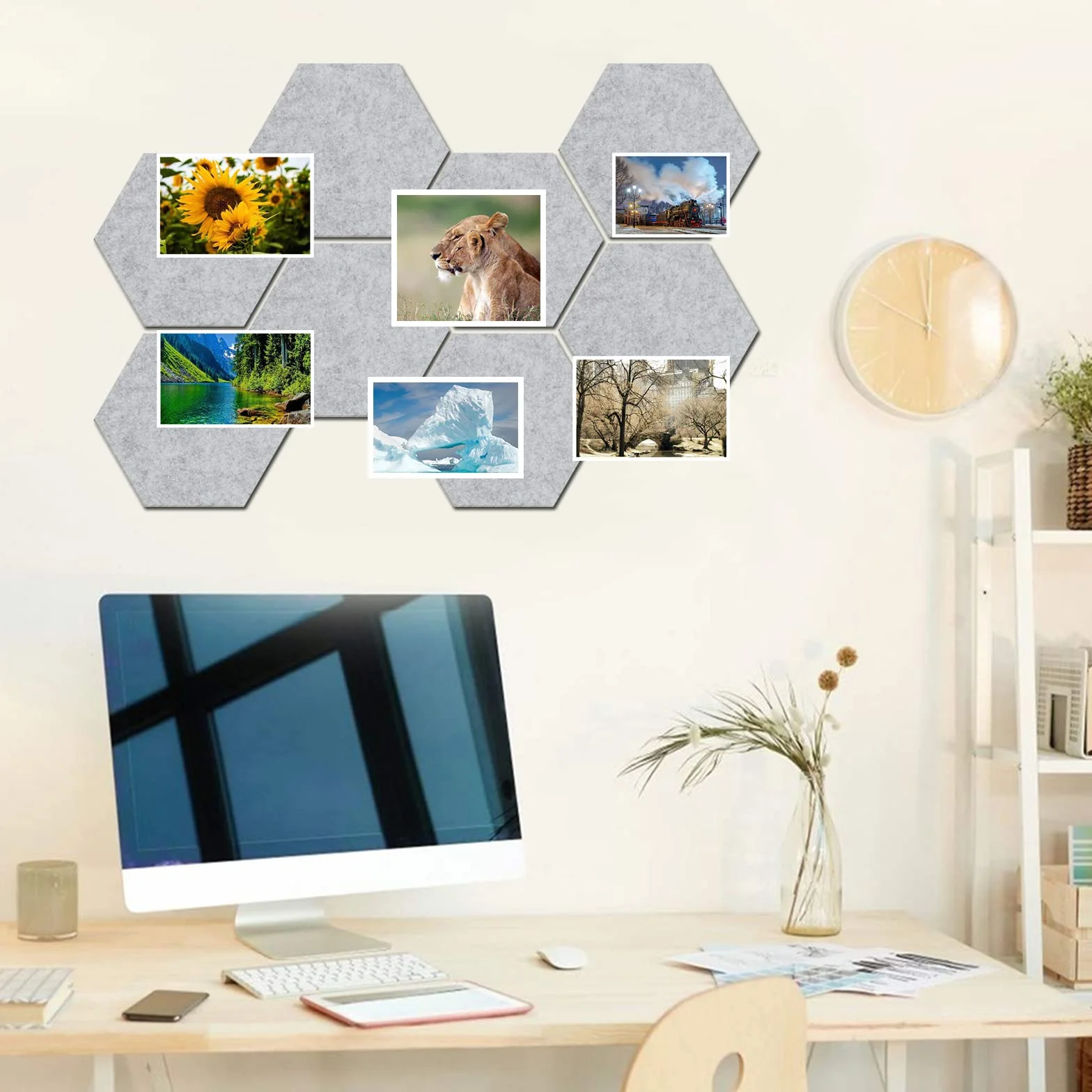 Panneau de Feutre Hexagone 8 Pièces 20 x 17 cm Gris Auto Adhésif avec 23 Punaises