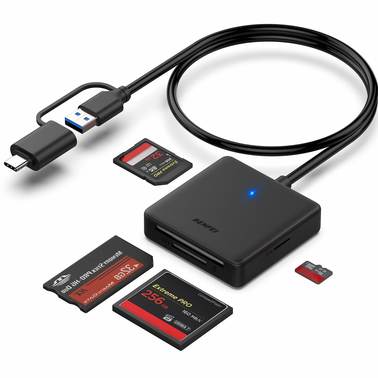 BENFEI 4 in 1 USB-C Lecteur de Carte Mémoire SD Micro SD MS CF pour iPhone 15 Pro/Max MacBook Pro/Air 2023 iPad Pro Surface Book 3