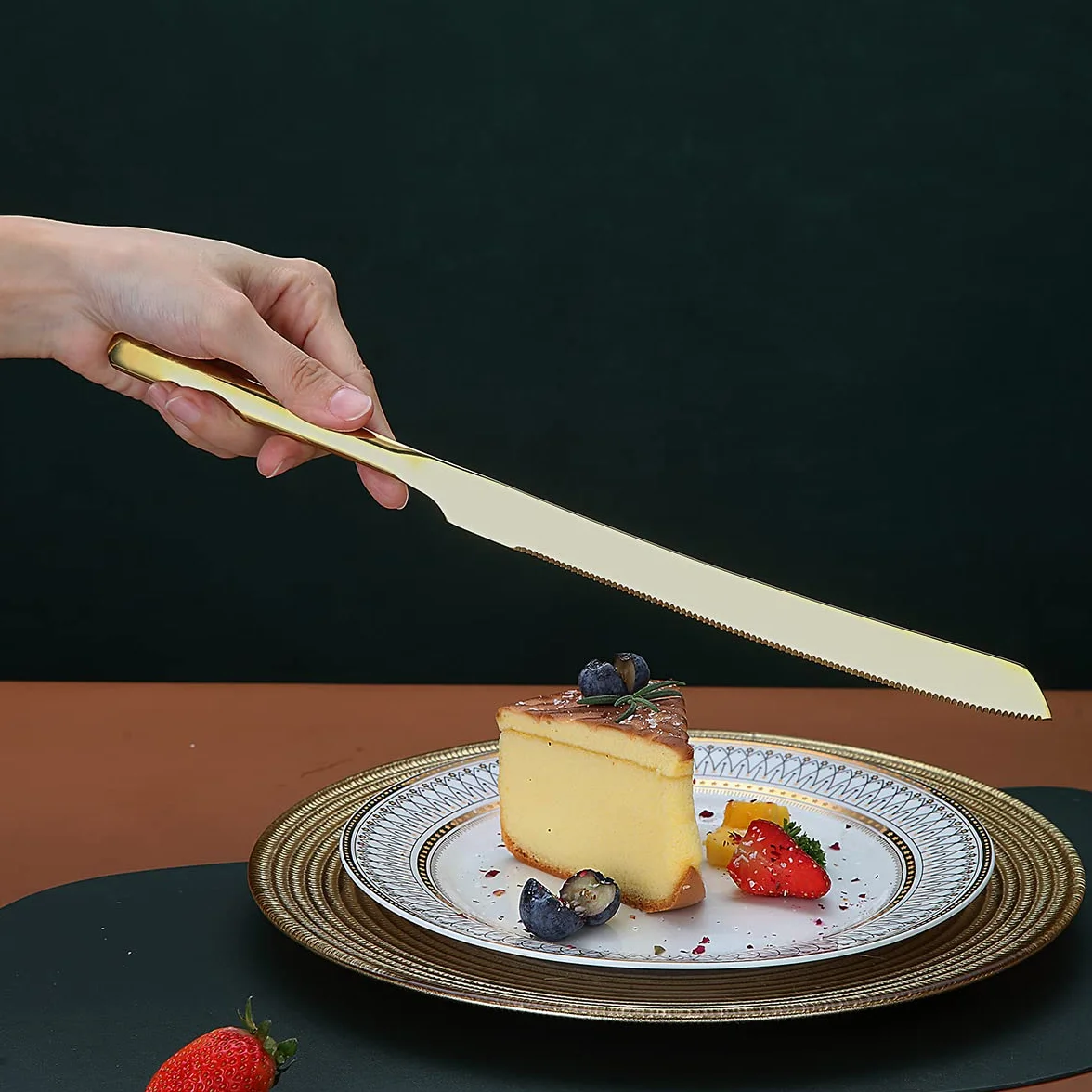 Ensemble De Coupe De Gâteau En Acier Inoxydable Pour Mariage, Or Brillant