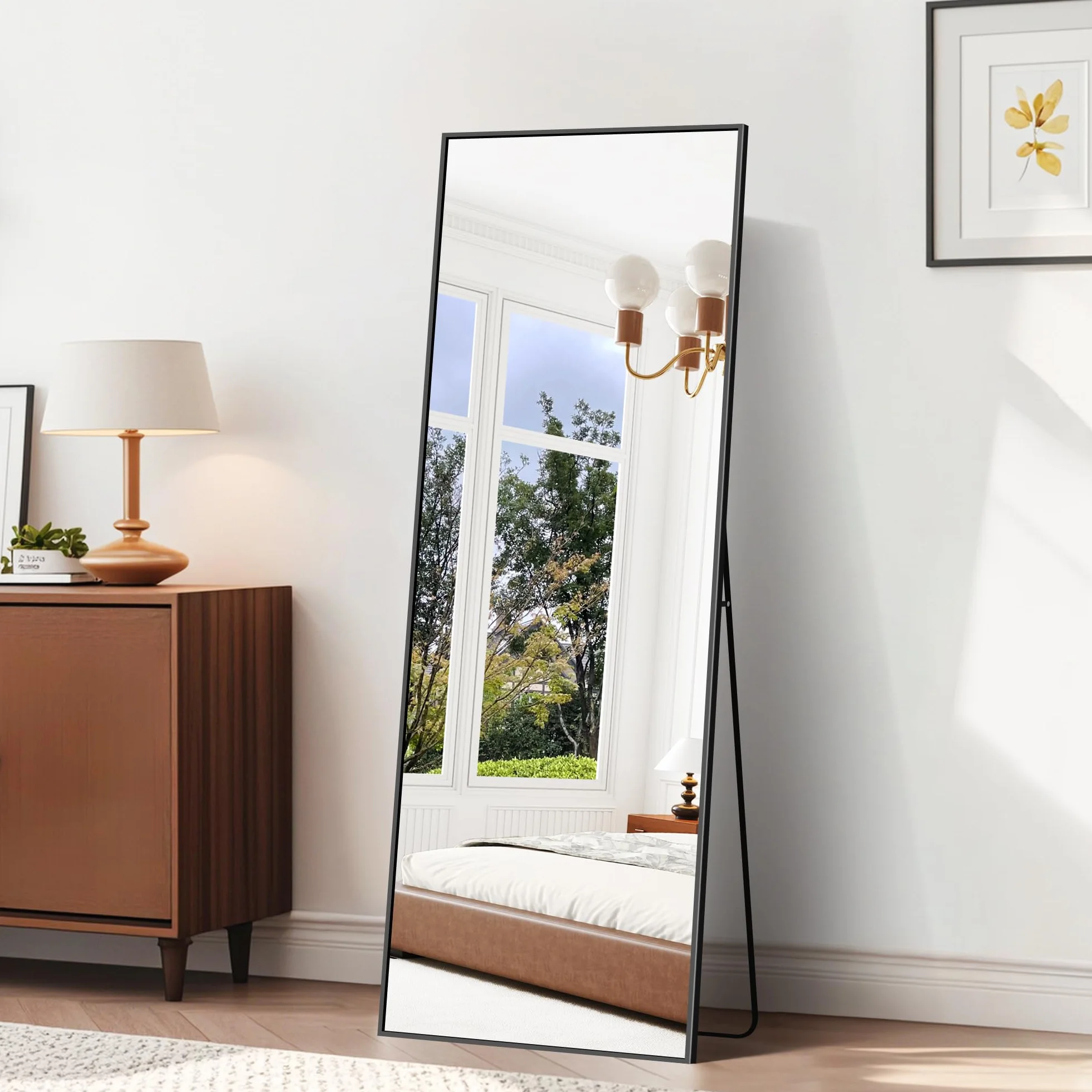 BONEWEI Miroir Pleine Longueur 161 x 52 cm Cadre Aluminium Noir Grand Miroir Mural Rectangulaire Penché Suspendu