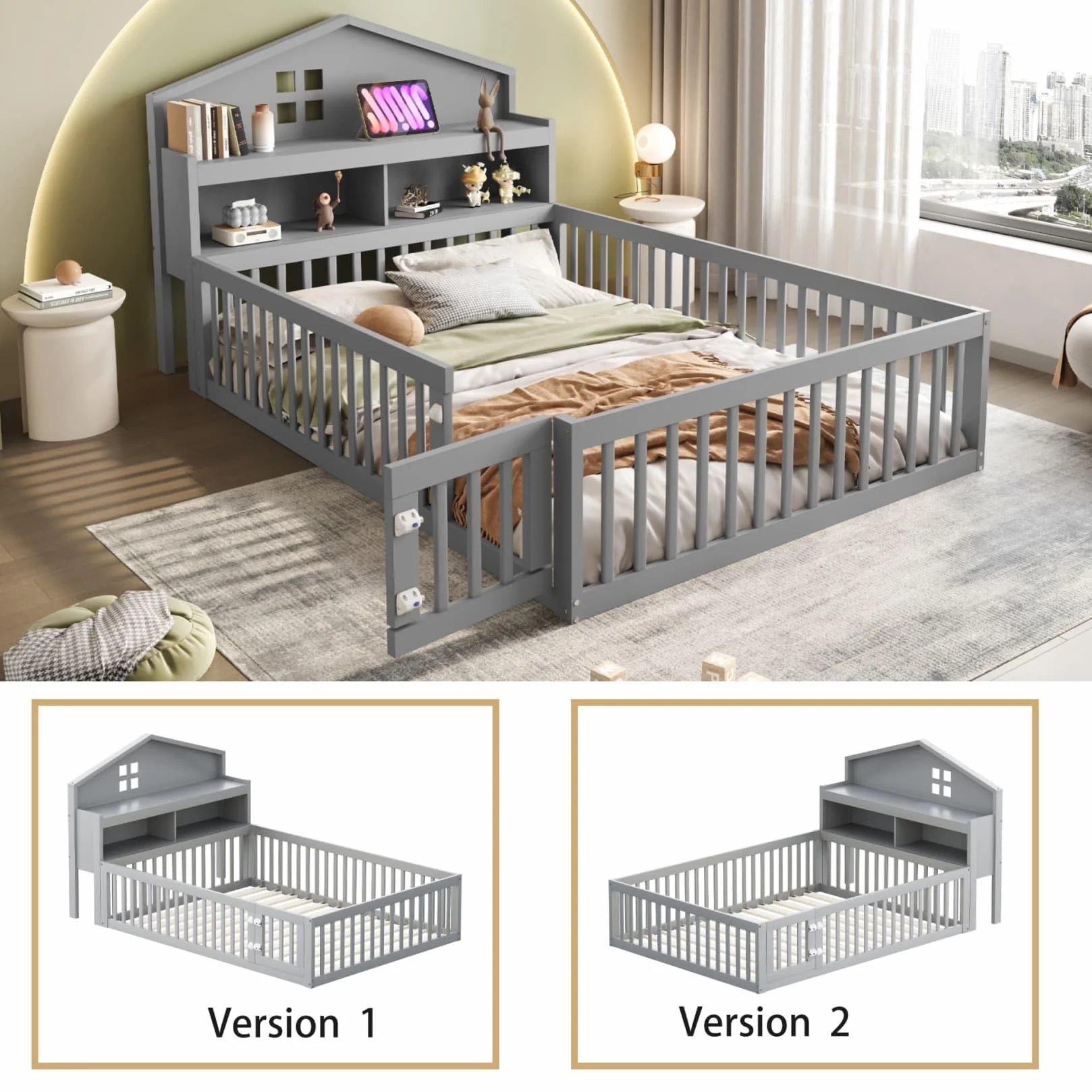 Lit Au Sol Enfant 140x200 avec Rangement-étagère,Tableau Noir,Porte et Barrière de lit Haute,Cadre de Lit Montessori 2 Personnes avec Sommier à Lattes Solide,Pin (Gris, 140x200)