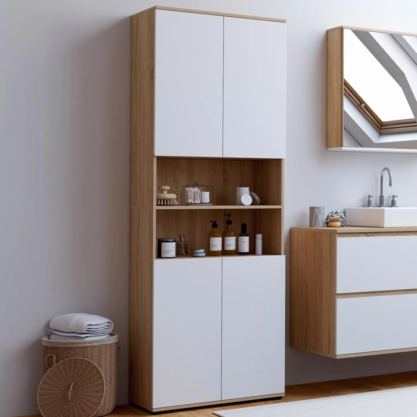 IDMarket - Meuble Armoire Colonne Salle de Bain TOMI 4 Portes 2 niches façon hêtre et Blanc