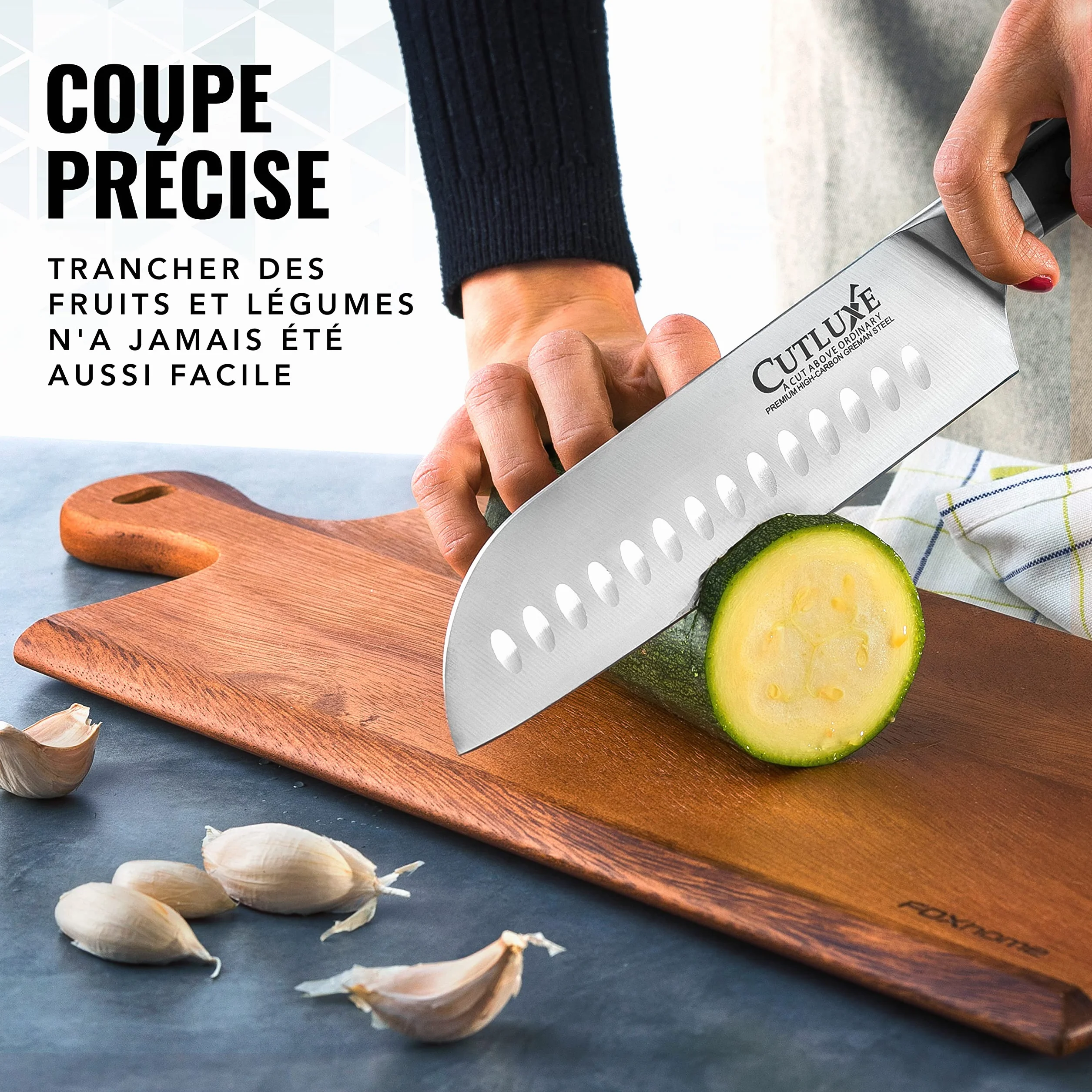 Cutluxe Couteau Japonais - 18 cm Couteau Professionnel Santoku Avec Fourreau - Lame Professionnelle en Acier Allemand à Forte Teneur en Carbone - Couteaux de Découpe pour la Cuisine - Série Artisan