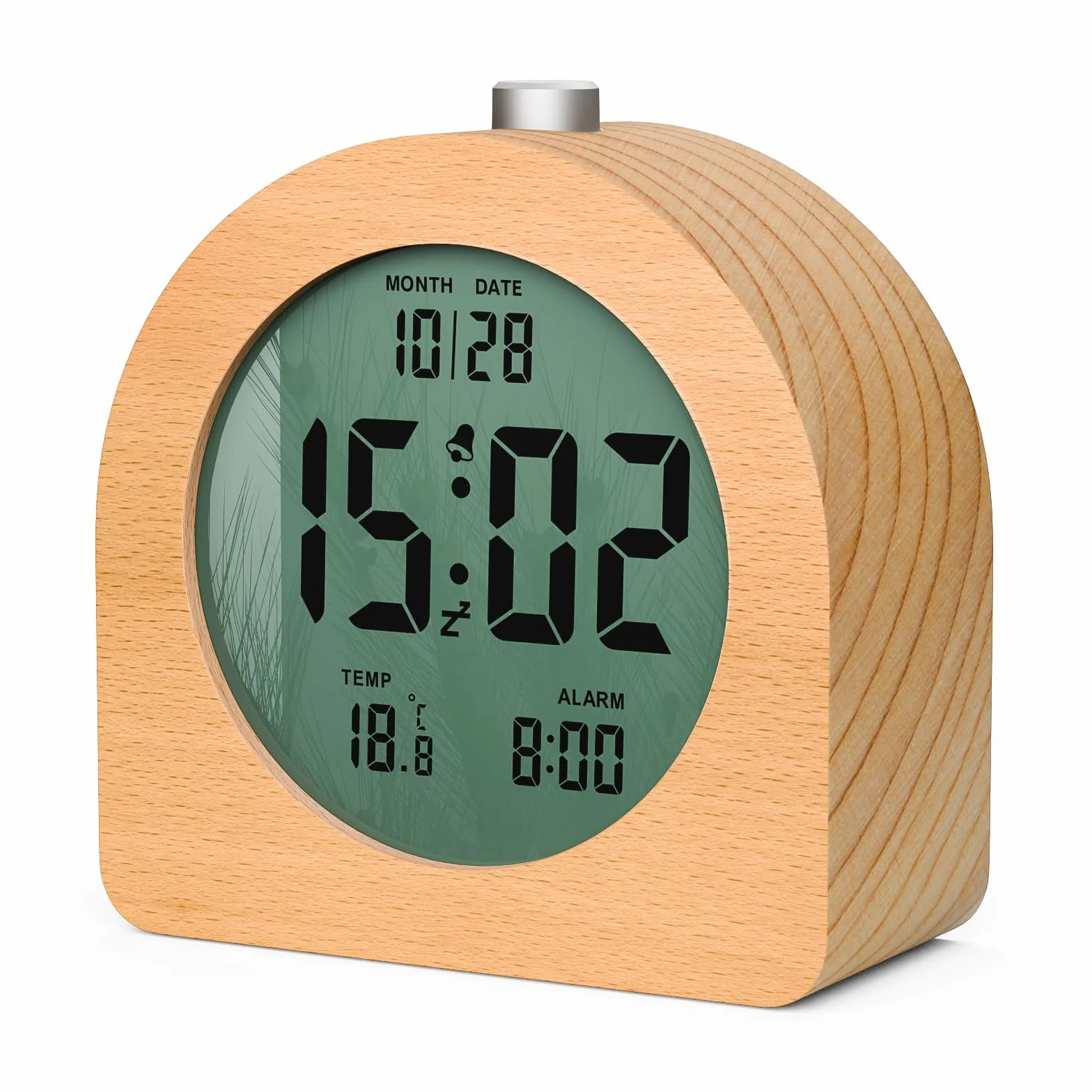 Réveil Numérique en Bois avec Écran LCD, Fonction Snooze, Affichage Date et Température, 12/24H