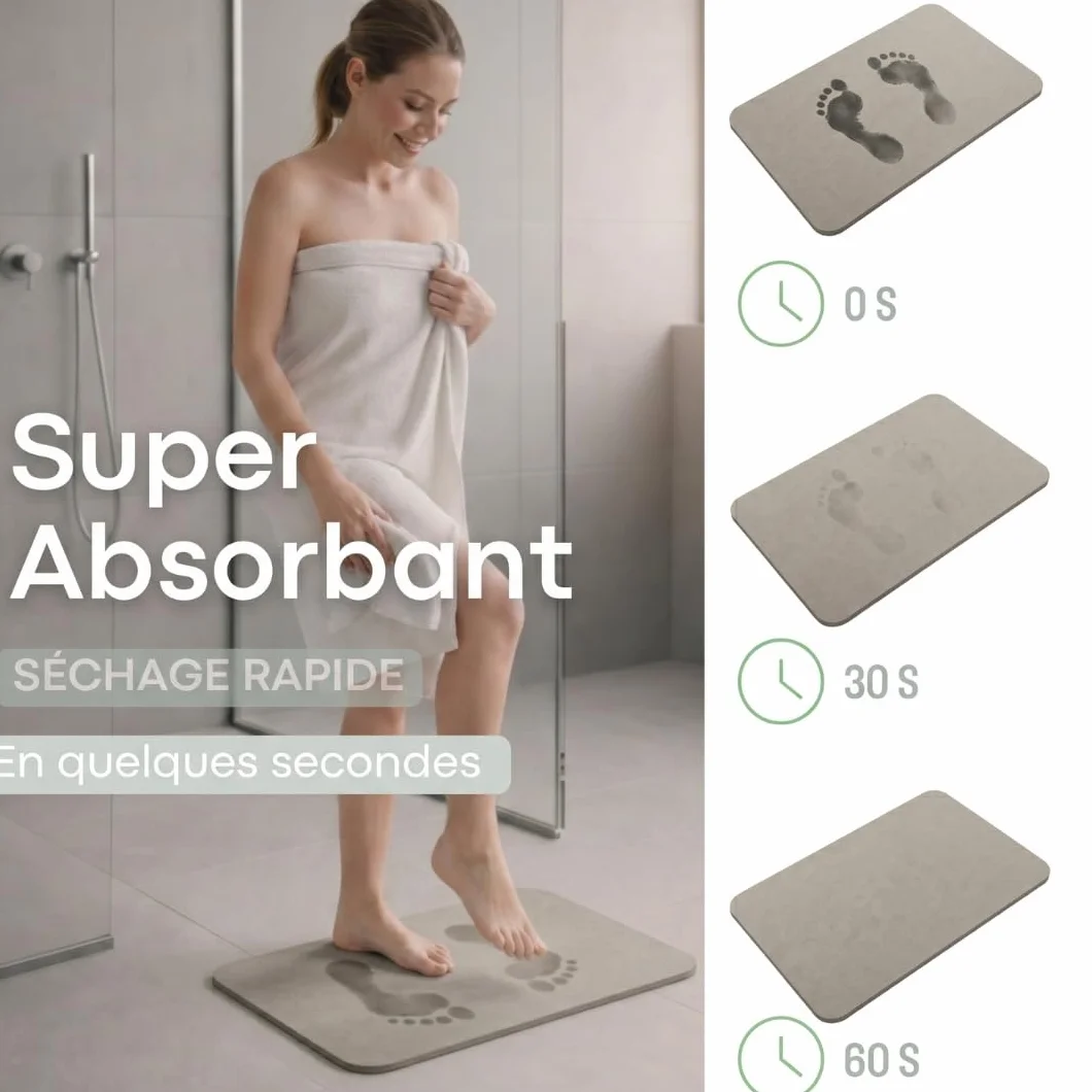 Tapis de Douche en Diatomite Séchage Rapide Ultra Absorbant Antidérapant Pierre Naturelle Beige