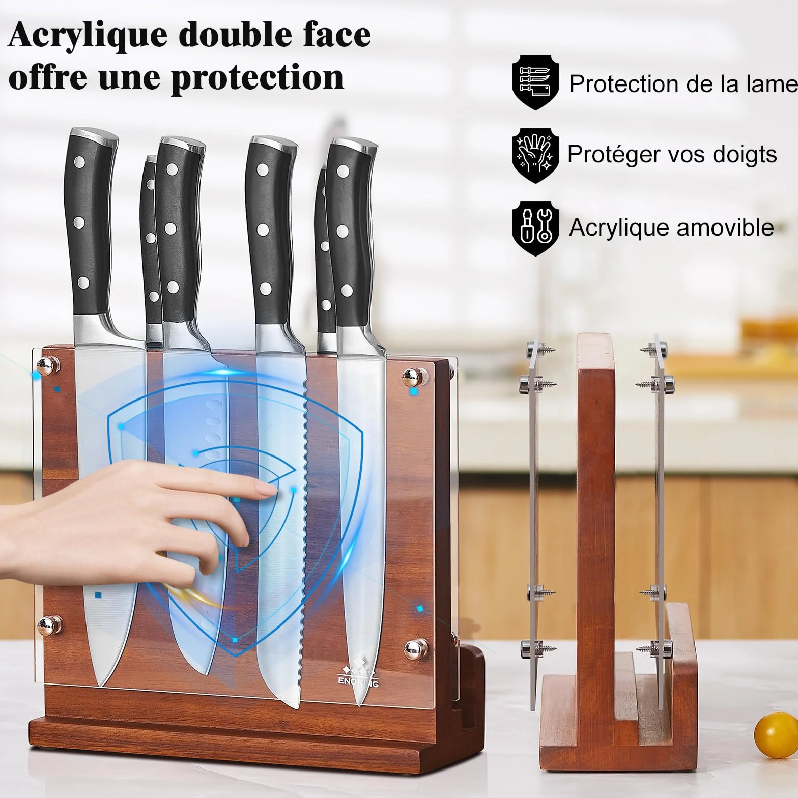 ENOKING Bloc à Couteaux Magnétique, Bloc Aimanté Double Face 26x22 CM - Porte Couteaux Aimanté en Bois d'acacia avec Plaque Protection Acrylique, Range Couteau de Cuisine Vide avec Aimant Puissant