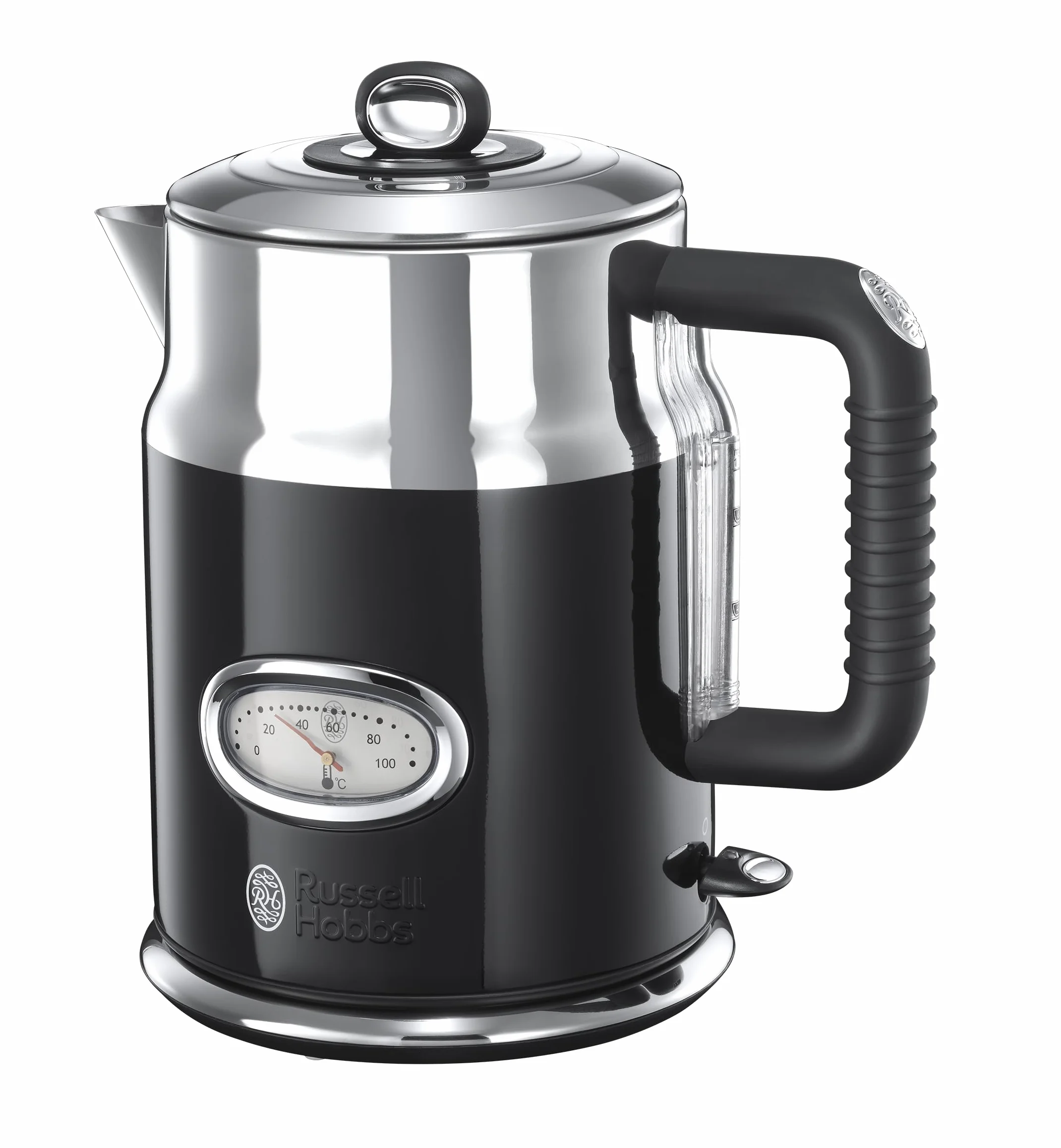 Russell Hobbs Bouilloire Electrique (Design Vintage Premium) Retro Noire (1,7L, 2400W, Ebullition Rapide, Jauge Température Rétro,Marqueurs 1-2-3 tasses,Ecoulement,Couvercle Amovible) 21671-70