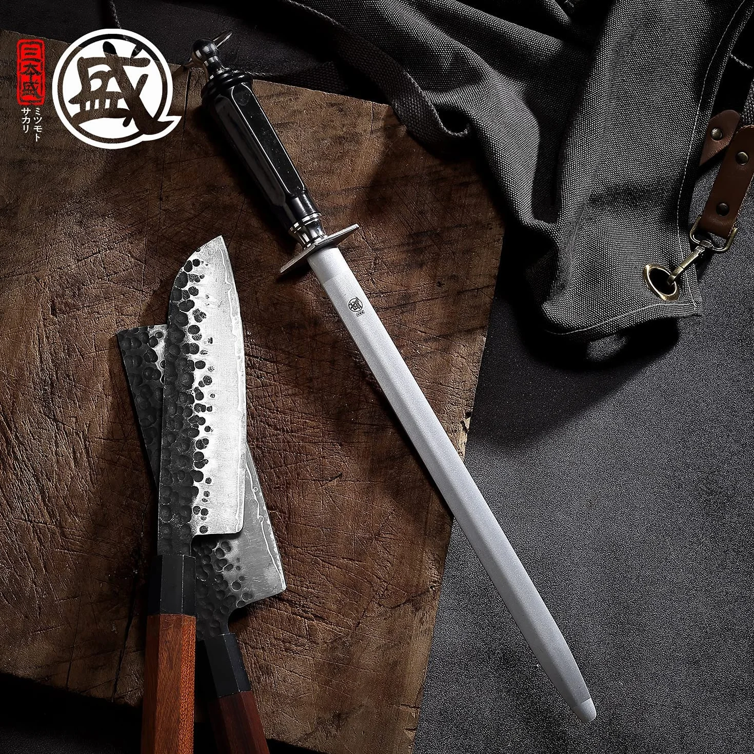 Fusil à Aiguiser Diamant Japonais MITSUMOTO SAKARI 40 cm Plat Professionnel avec Manche ABS et Aimant Puissant
