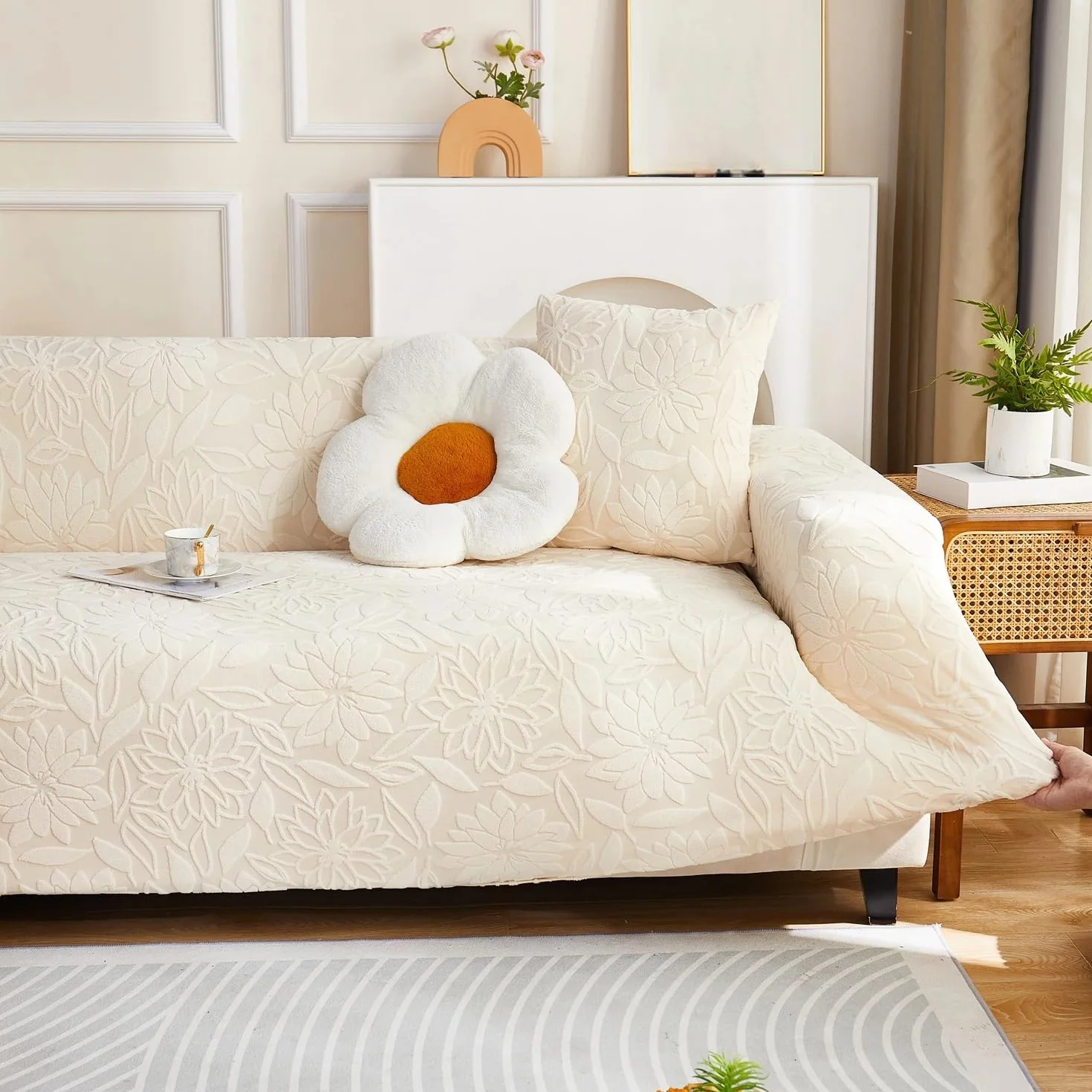 RKK Housse De Canapé Élastique Camellia Jacquard Antidérapante 2 Places 145-185cm Beige