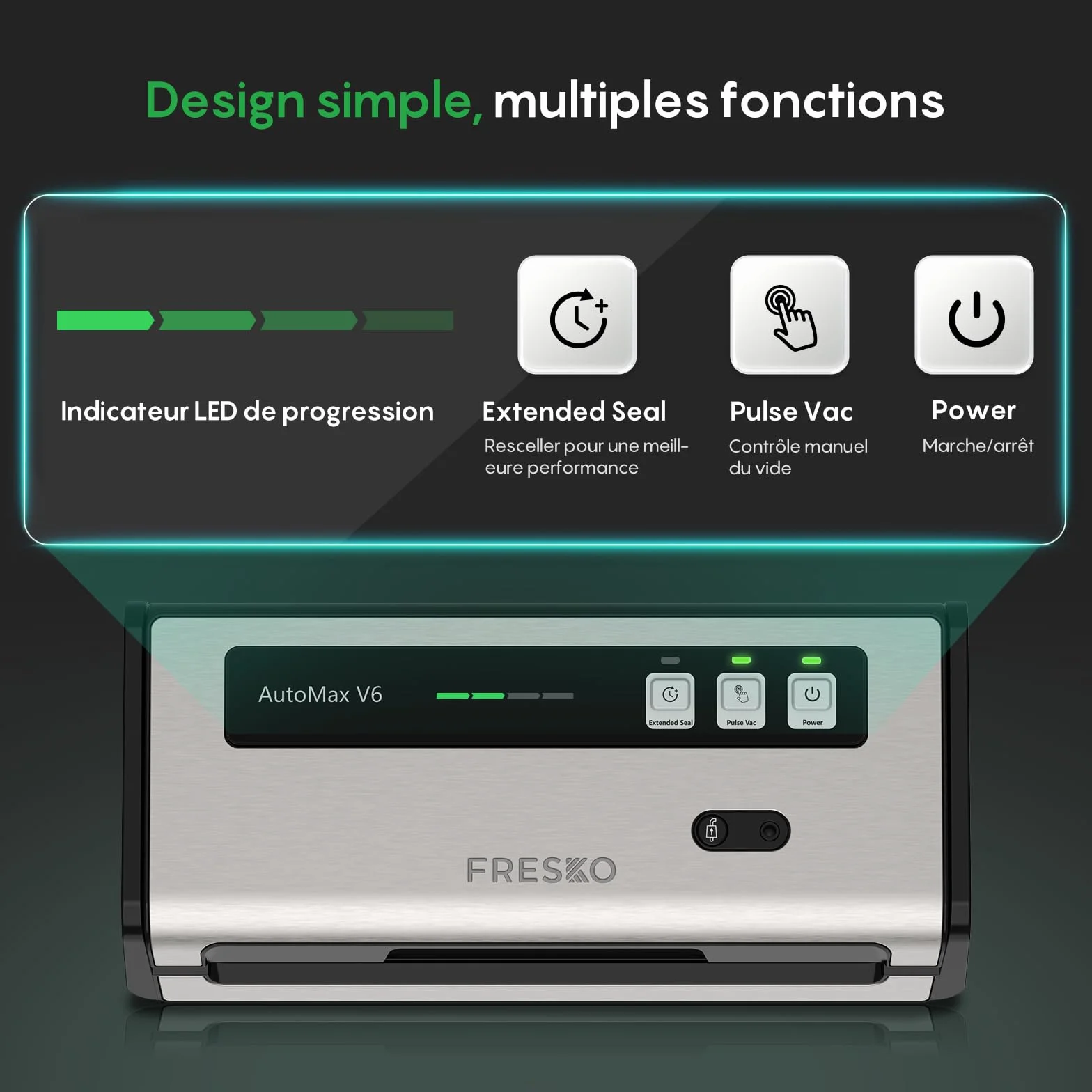 FRESKO Machine Sous Vide Alimentaire Automatique, Bandes chauffantes élargies, Coupe-sac Intégré et Rangement des Sacs, Mode Humide et Sec, Utilisation à une Main (Automax V6)