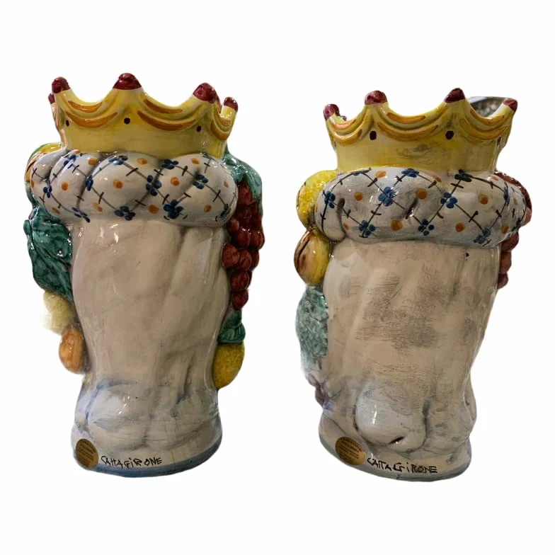 Céramique Caltagirone Tête Sicilienne Marron Foncé 18 cm avec Couronne et Fruit