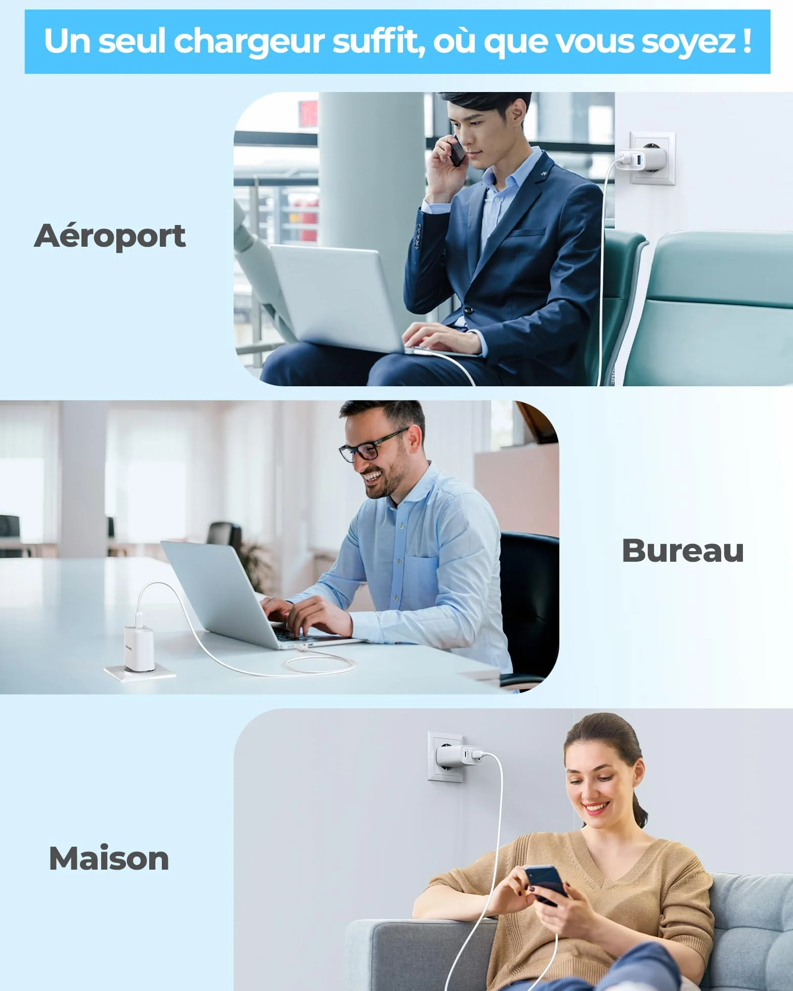 Chargeur USB C 65W GaN PD3.0 PPS 3 Ports avec Câble 60W pour iPhone 17 16 15 14 13 Pro Max MacBook M4 M3 M2 Galaxy S25 S24 S23 Note Pixel 9 8 7 iPad Air Pro Blanc