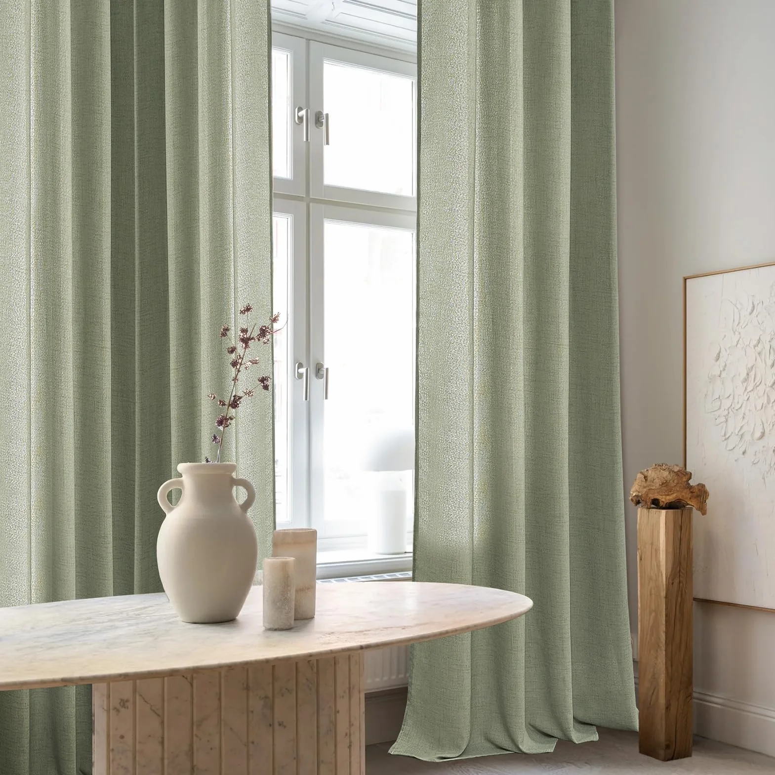 Lot de 2 Rideaux Voilage en Lin 140x200 CM Vert Sauge Semi-Transparent à Oeillets pour Fenetre Porte Balcon Chambre Salon
