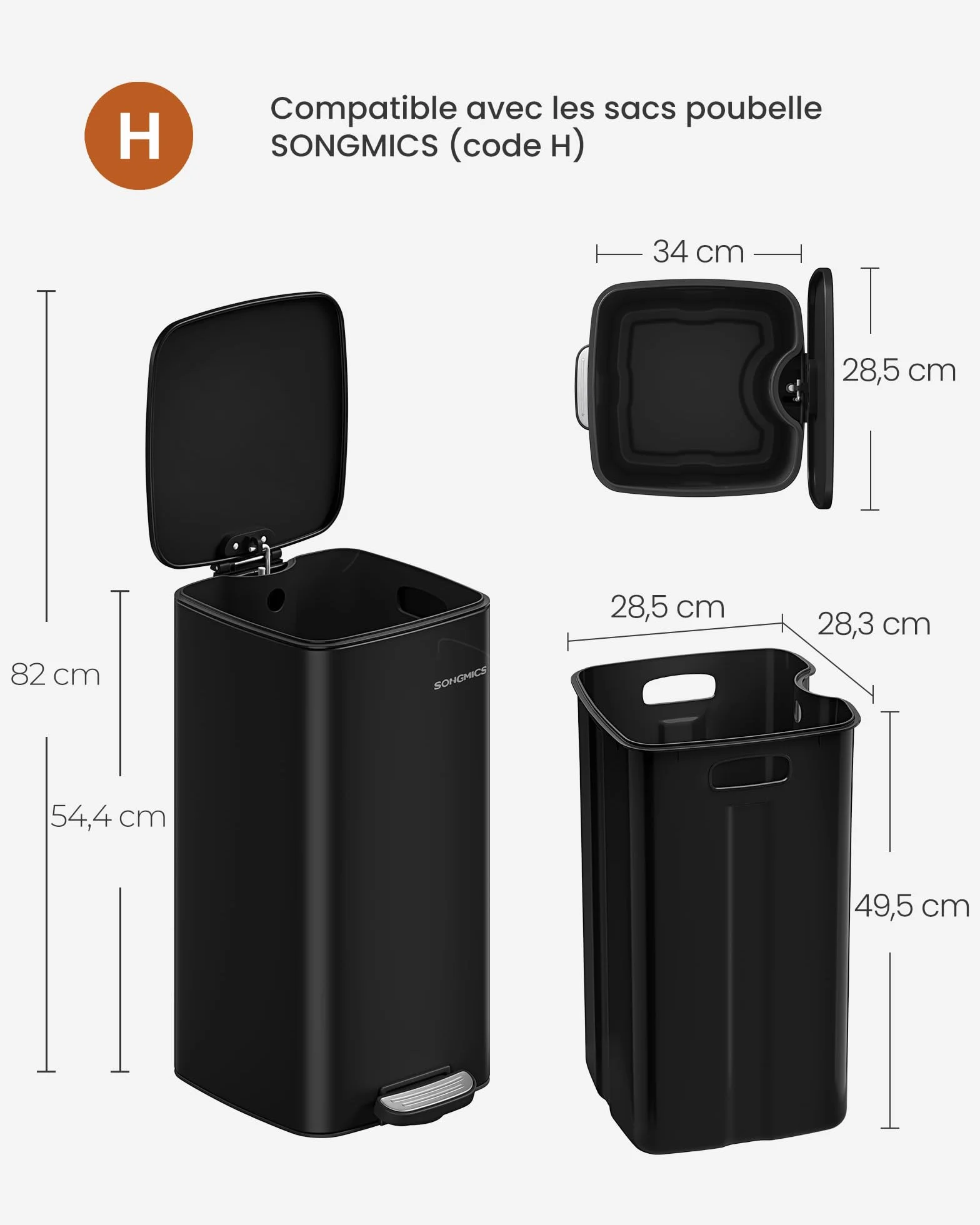 SONGMICS Poubelle de Cuisine 30 L Acier à Pédale LTB593B02 Noir