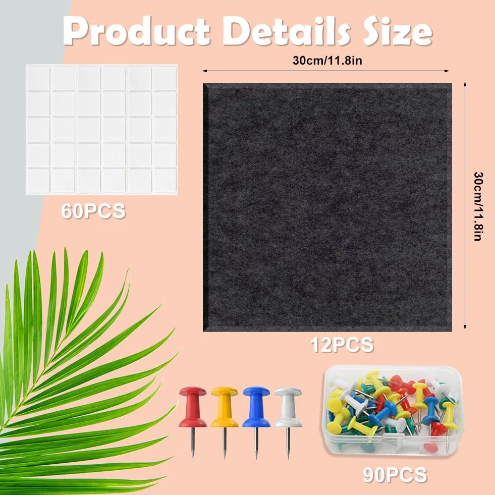 Lot de 12 tableaux d'affichage autocollants en feutre 30 x 30 cm - Carreaux muraux avec push-broches - Décoration murale