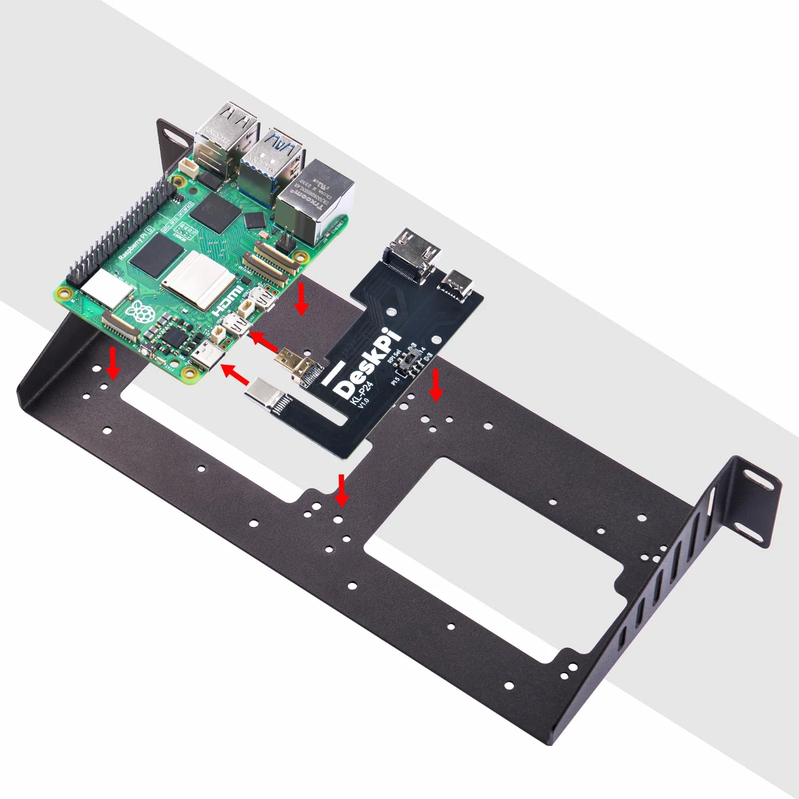 GeeekPi DeskPi RackMate Accessories SBC Shell 10 cali 1U Rack, z 2PCS Micro HDMI do HDMI Adapter Board KL-P24 dla Raspberry Pi 5 / Pi 4B