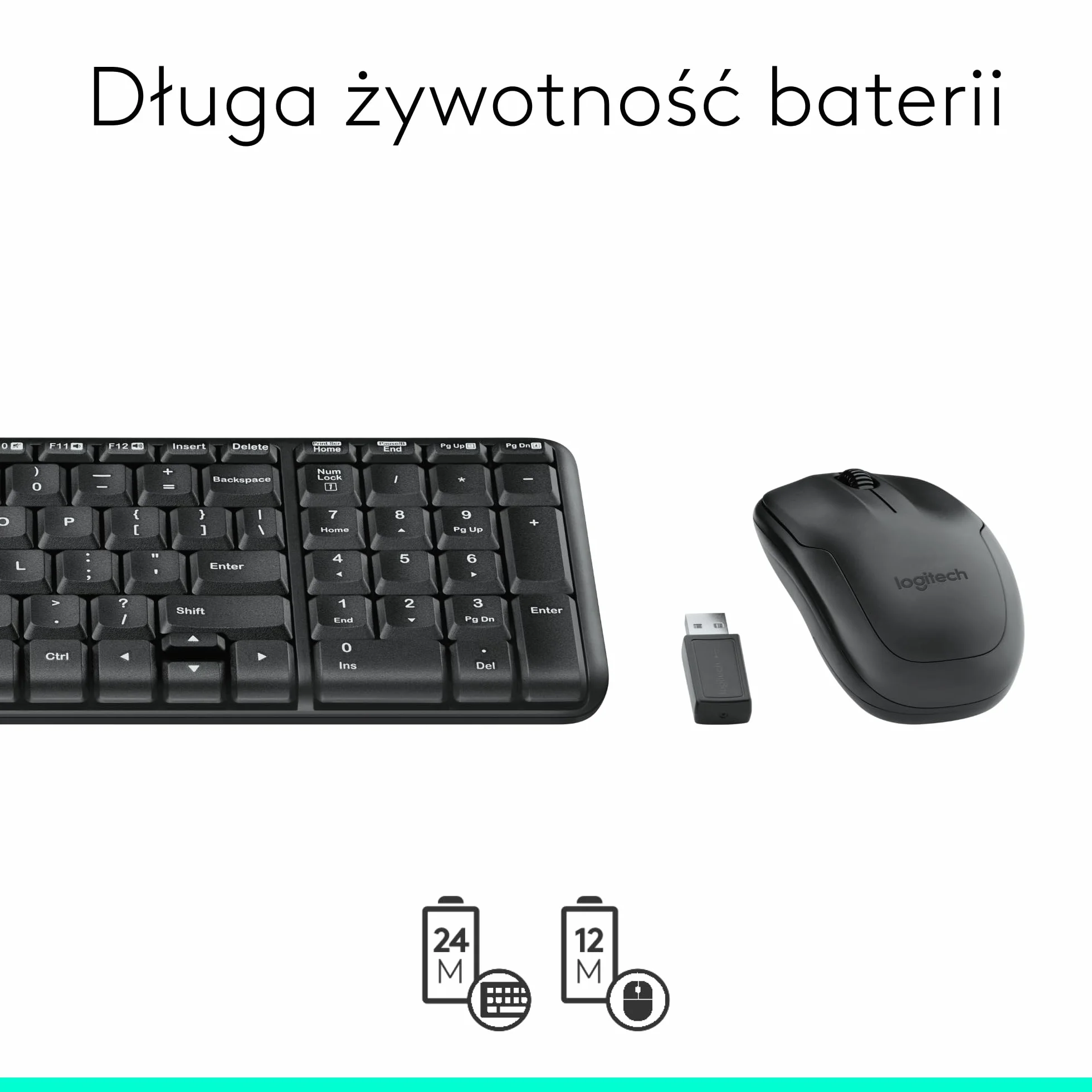 Logitech MK220 Compact Combo, Zestaw Klawiatura i mysz dla systemu Windows, 2,4 GHz Odbiornik USB Unifying, 24 pracy na baterii, PC, laptopem, QWERTY układ US Intl - Czarny