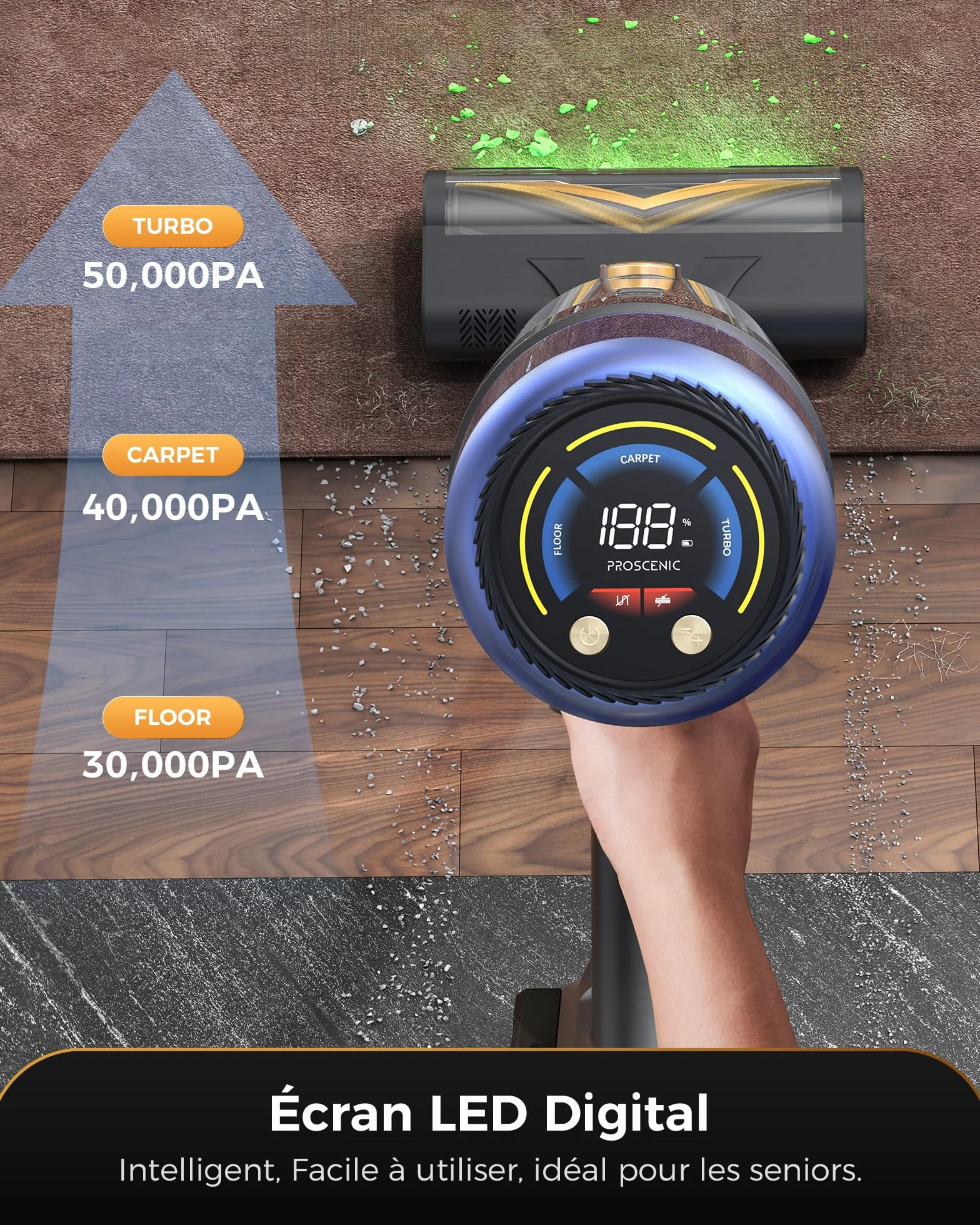 650W/55KPA Aspirateur Balai sans Fil 70min,Proscenic P15 Aspirateur sans Fil Puissant,Brosse Anti-Enchevêtrement,Autoportante,Télescopique Balai Aspirateur Tapis,Sols Durs,Poils d'animaux et Voiture