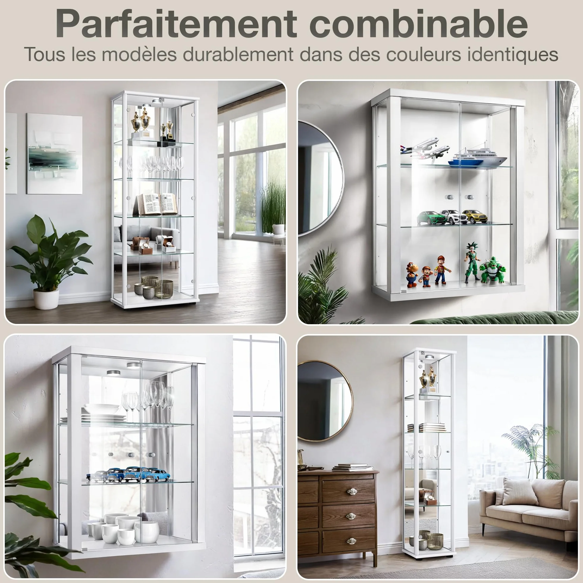 Vitrine en Verre pour Collection (176x37x33cm) - Fabriqué en Allemagne - Armoires vitrées de présentation Blanc avec 4 étagères en Verre réglables & LED - Meuble vitrine Collection Figurine