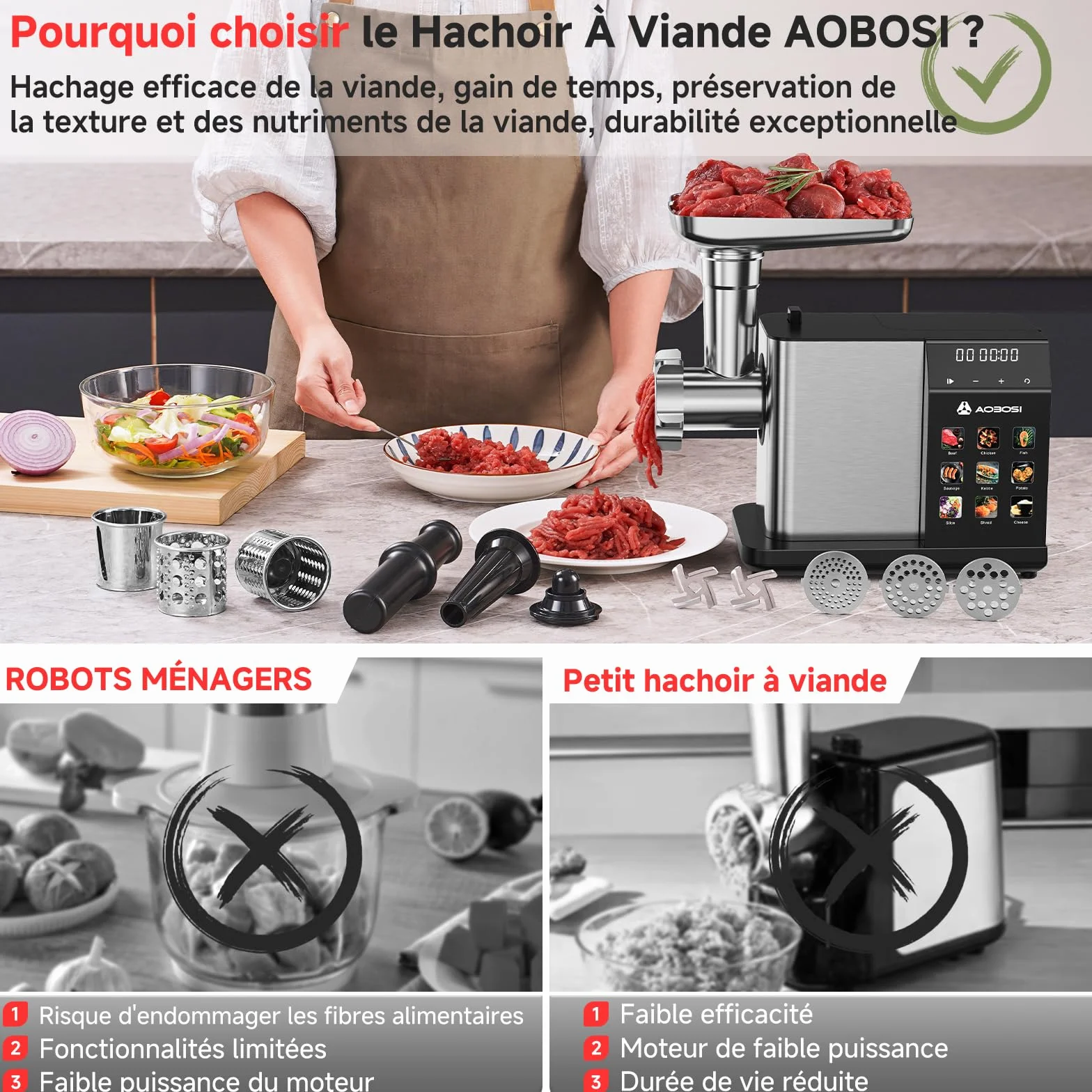 AAOBOSI Hachoir À Viande Électrique [3000W Max] - Avec Écran LED & 9 Réglages de Vitesse - Récipient de Stockage Intégré - Accessoires à Trancher, Saucisses et Kibbe Inclus - Pour Usage Domestique