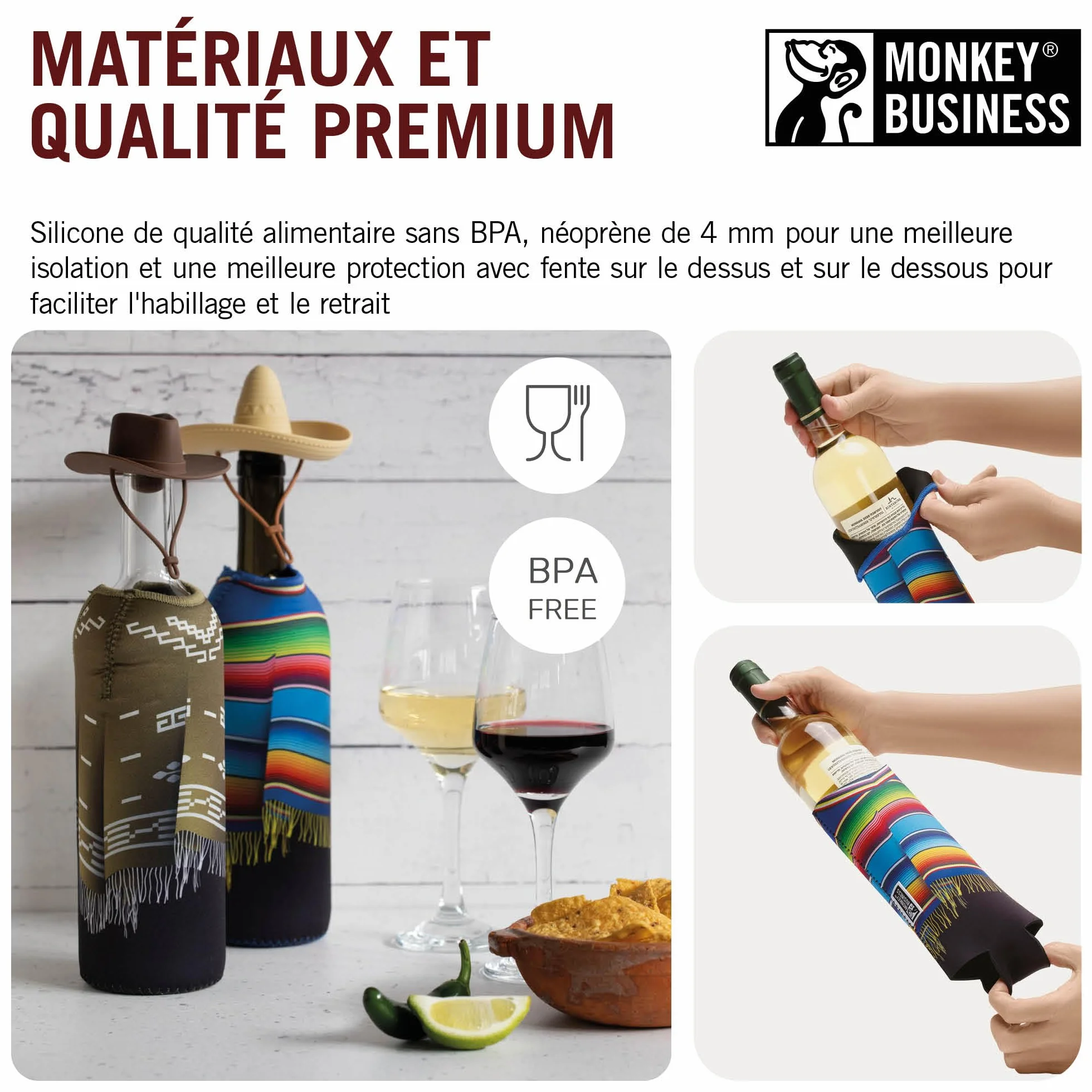 Monkey Business Coffret cadeau pour les amateurs de vin / 2 bouchons de bouteille en silicone et 2 ponchos en néoprène/isolez les bouteilles de vin et ouvrez les bouteilles pour plus tard/Wild
