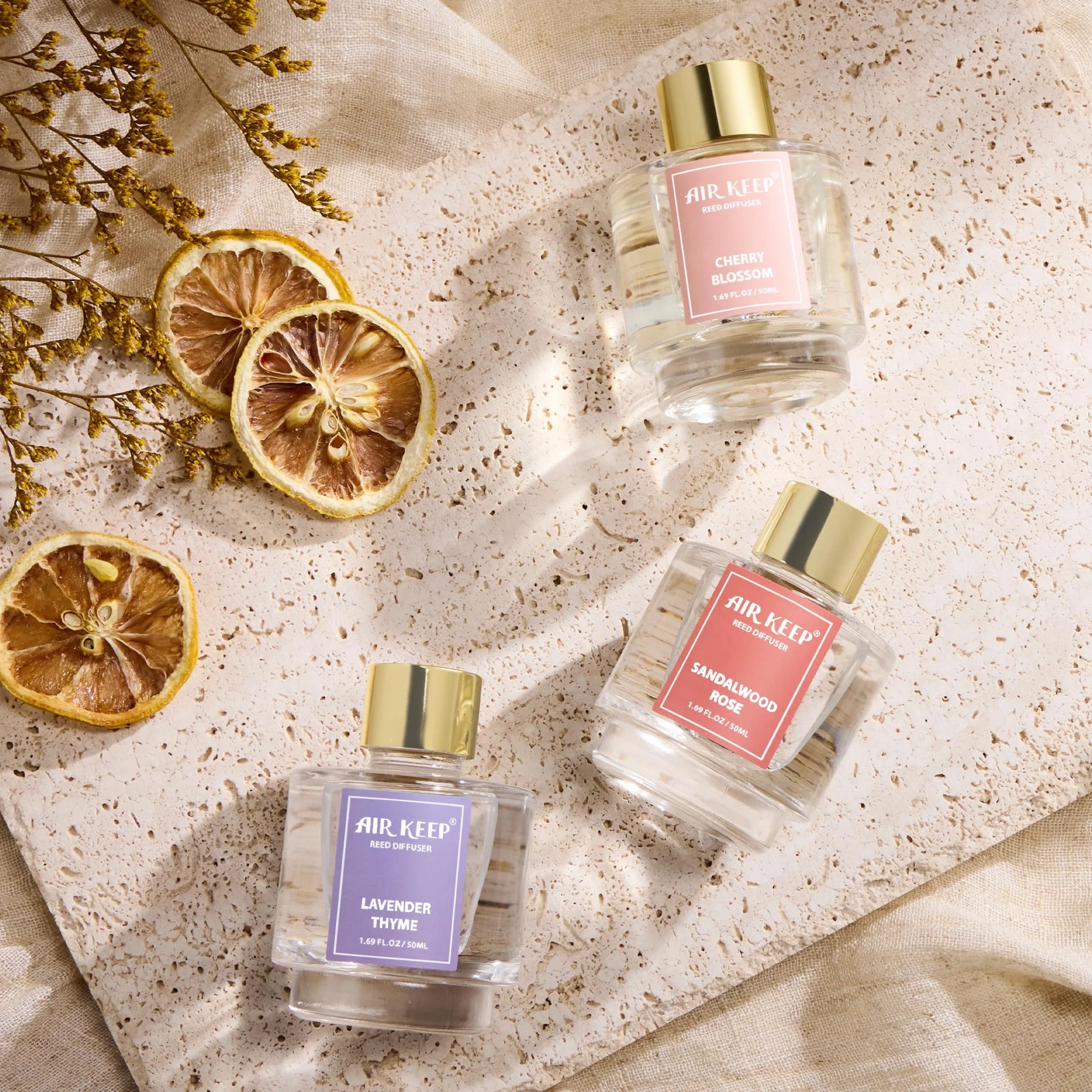 Airkeep Diffuseur de Parfum 50ml*3 Lavender Thyme Sandalwood Rose Cherry Blossom avec 24 Bâtonnets