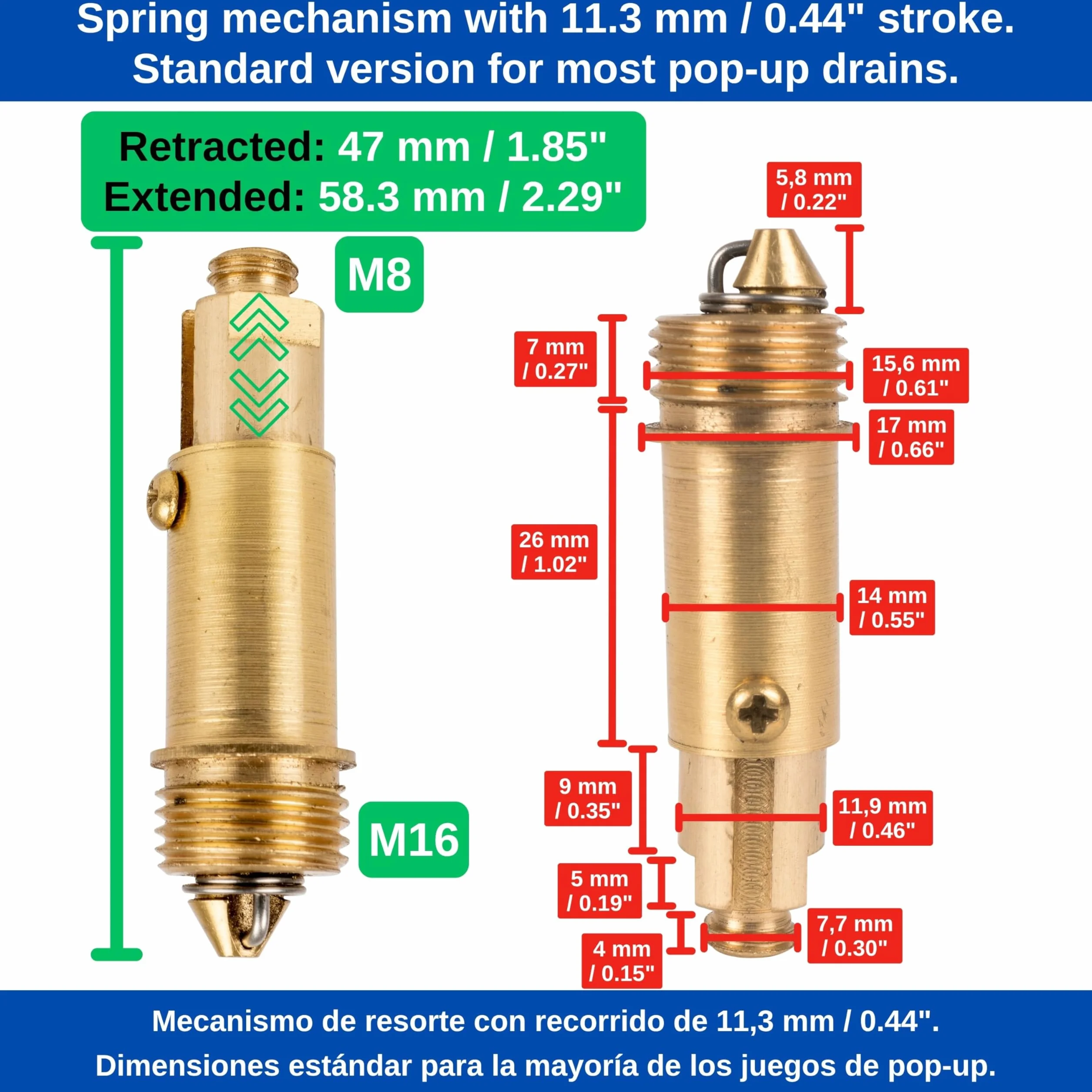 Pop Up vidage tourillon de rechange laiton H 58 mm x 28 mm ressort fort