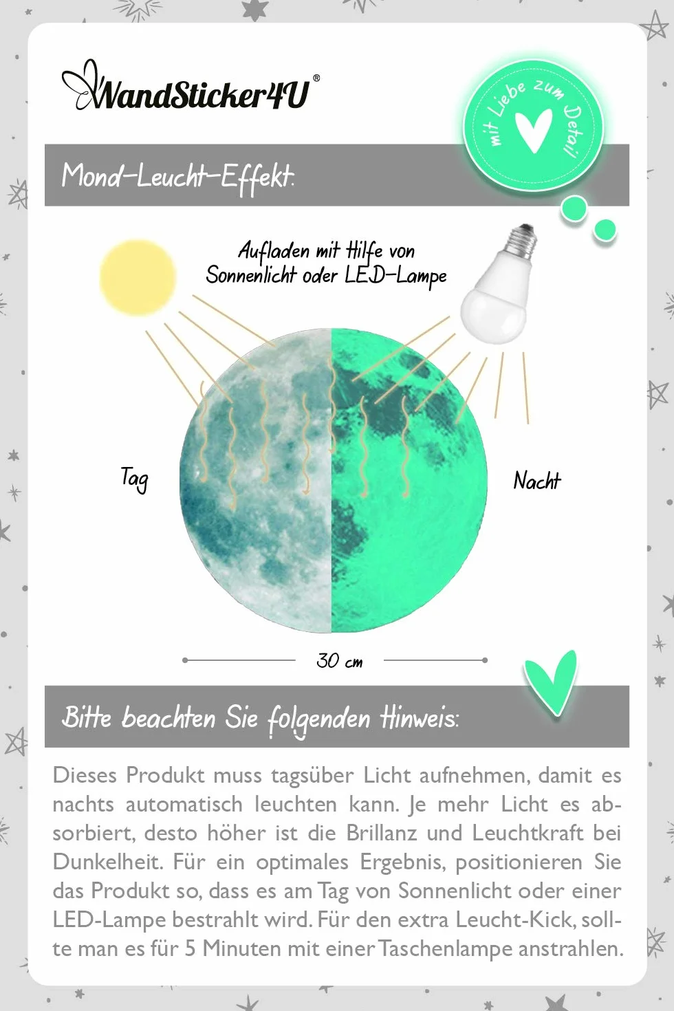 Grande LUNE phosphorescente 30x30 cm Stickers étoiles autocollantes lune lumineuse murale Déco fluorescente chambre