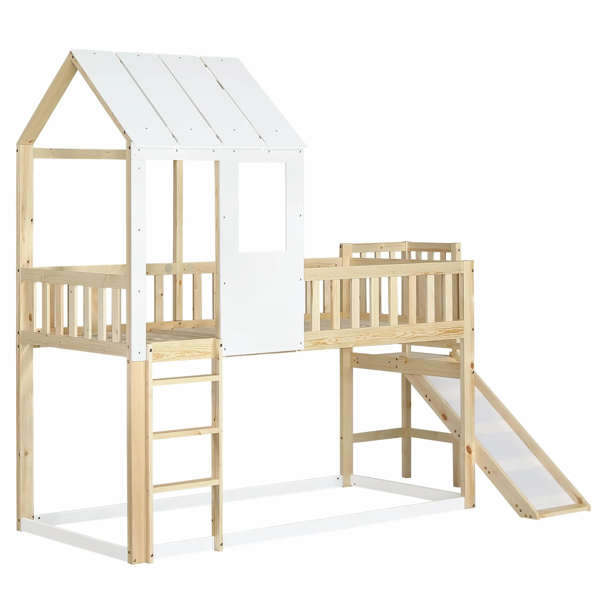Sapgaks Lit cabane Enfants 90 x 200,lit superposé Enfant antichute,lit Mezzanine 2 Places,avec échelle à Angle Droit et Toboggan, avec Toit et fenêtre,et Grille,Structure en pin,Naturel Blanc