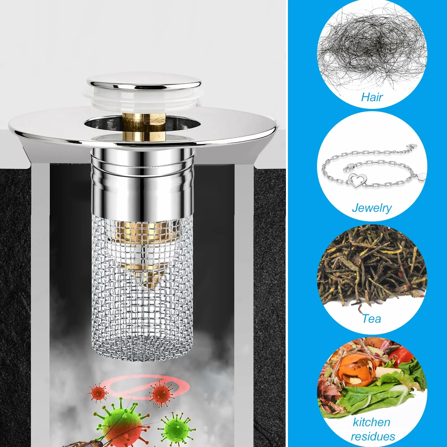 Bonde de Lavabo Universel 26-40mm/30-45mm avec Filtre Anti-Clogging 1 pièce