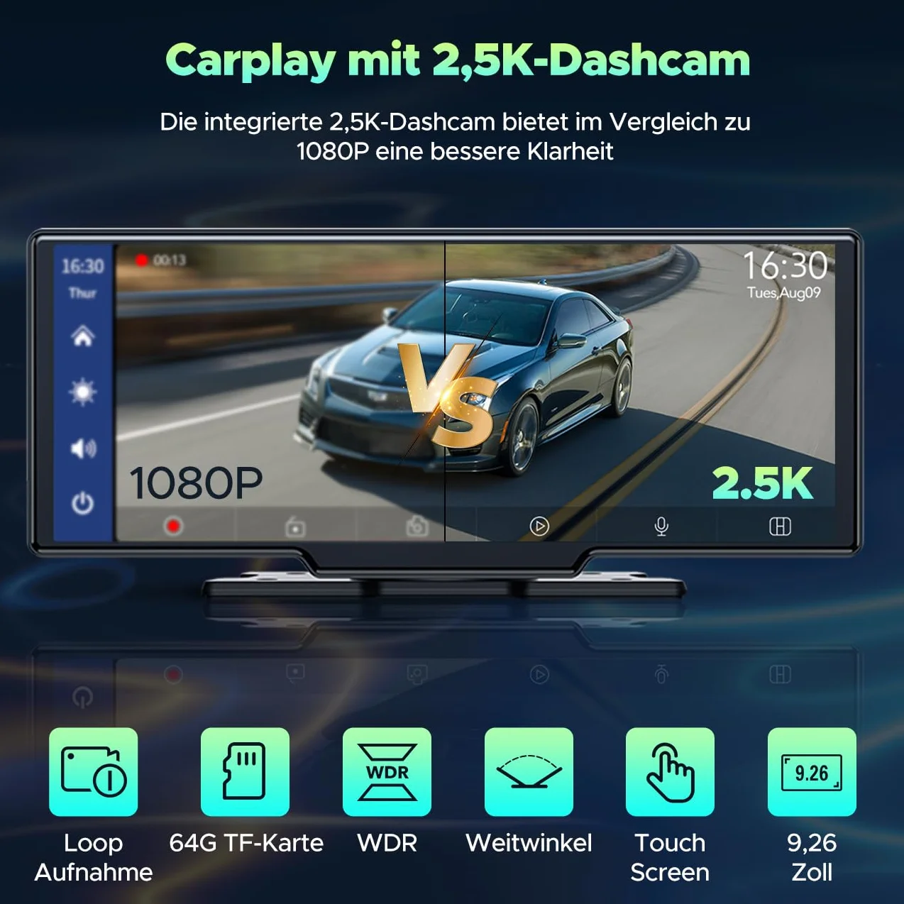 LAMTTO Bezprzewodowe radio samochodowe CarPlay z systemem Android, 9,26", przenośne, z kamerą rozdzielczą 2,5 K + 1080p z przodu, 64 G TF, Bluetooth, nawigacja, Mirror Link, Siri/G00gle, AUX/FM