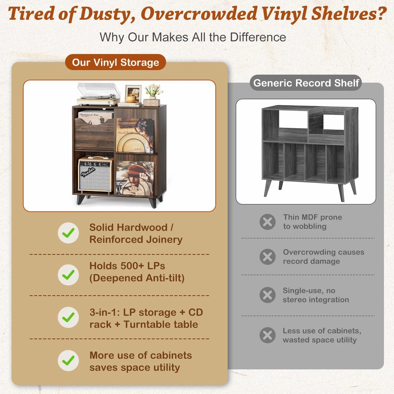 Bikoney Meuble Platine Vinyle avec Présentoir et 2 Tiroirs – Support en Bois et Meuble TV, Porte Vinyle pour Toutes Les Platines et Enceintes, Rangement pour Salon ou Chambre