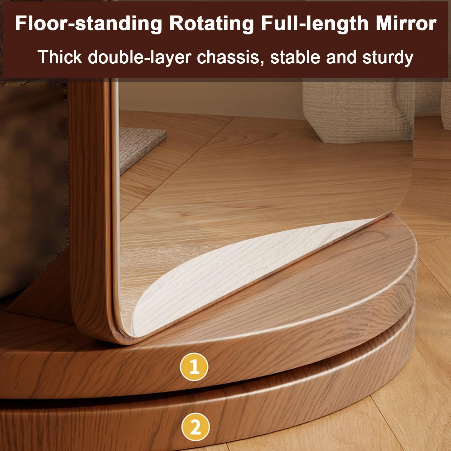 Miroir Pleine Longueur Rotatif 360° Bois Massif avec Étagères de Rangement sur Pied Robuste
