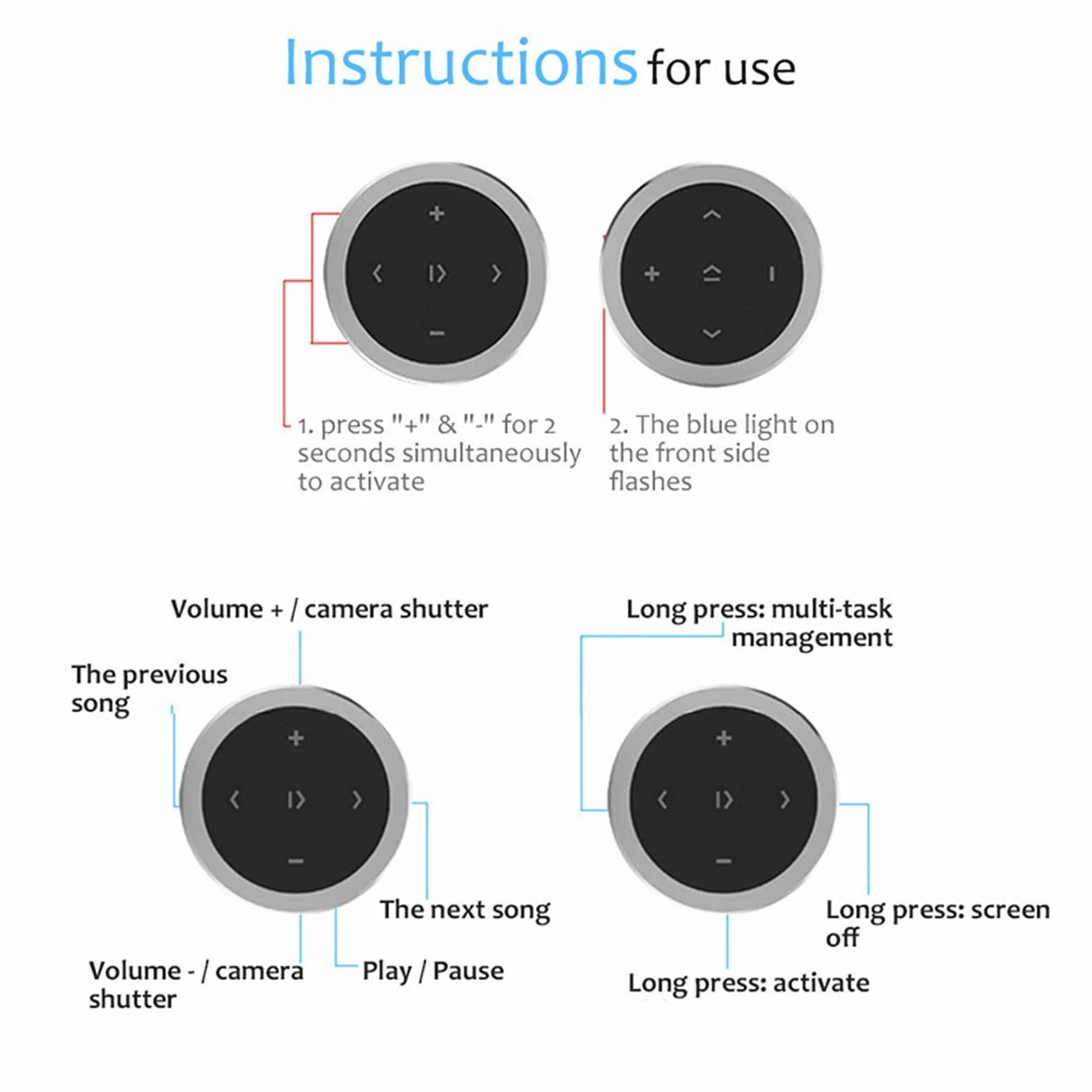 Bezprzewodowy Pilot Bluetooth z Przyciskiem Multimedialnym do Kierownicy Samochodu, Uruchamianie Siri, Sterowanie muzyką, Selfie, Kompatybilny z IPhonem i Androidem